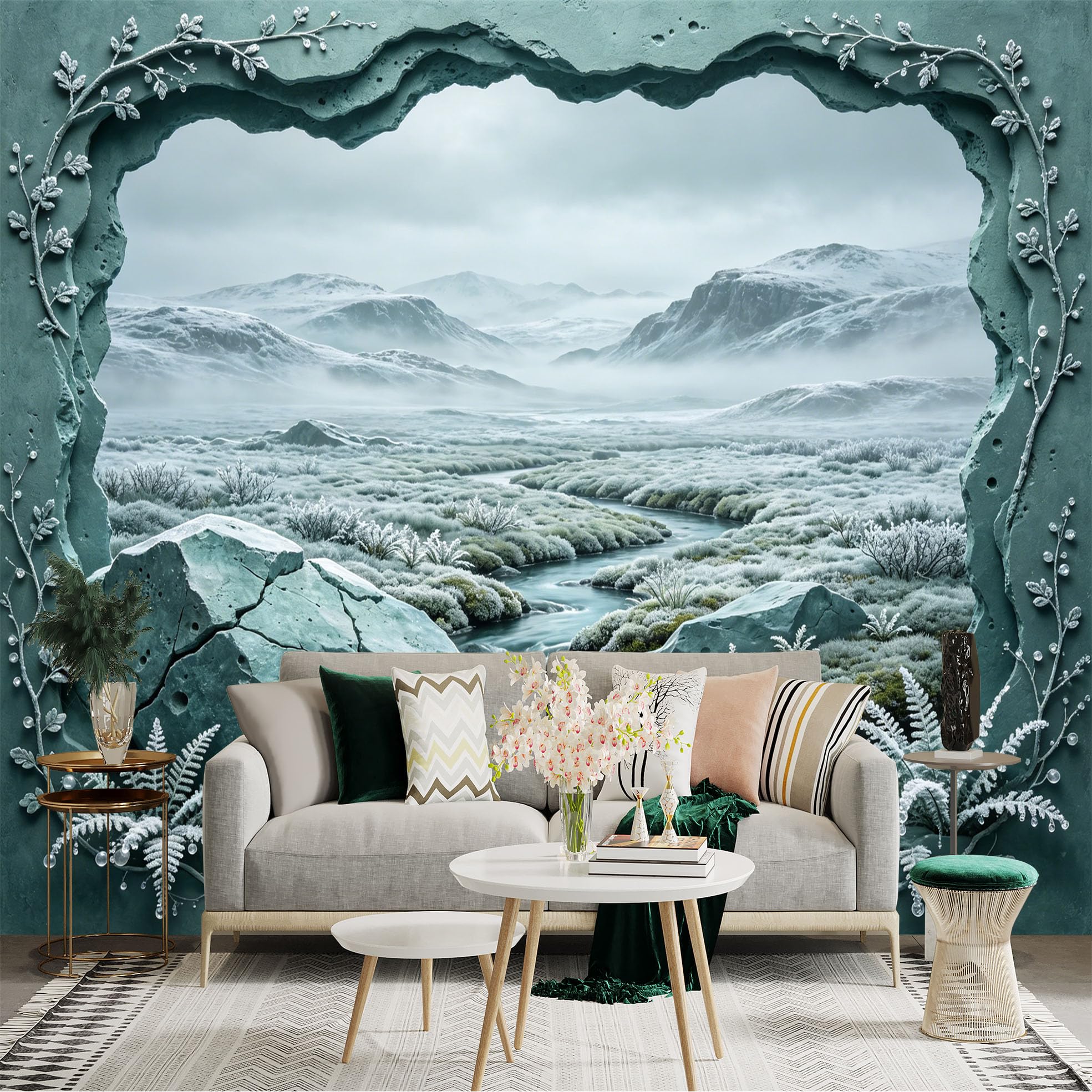 Custom Size Wall Sticker Mural， Frosty Mountain Valley with River and Snowy Landscape， for wall Decoration， peelandstick wall Decals.