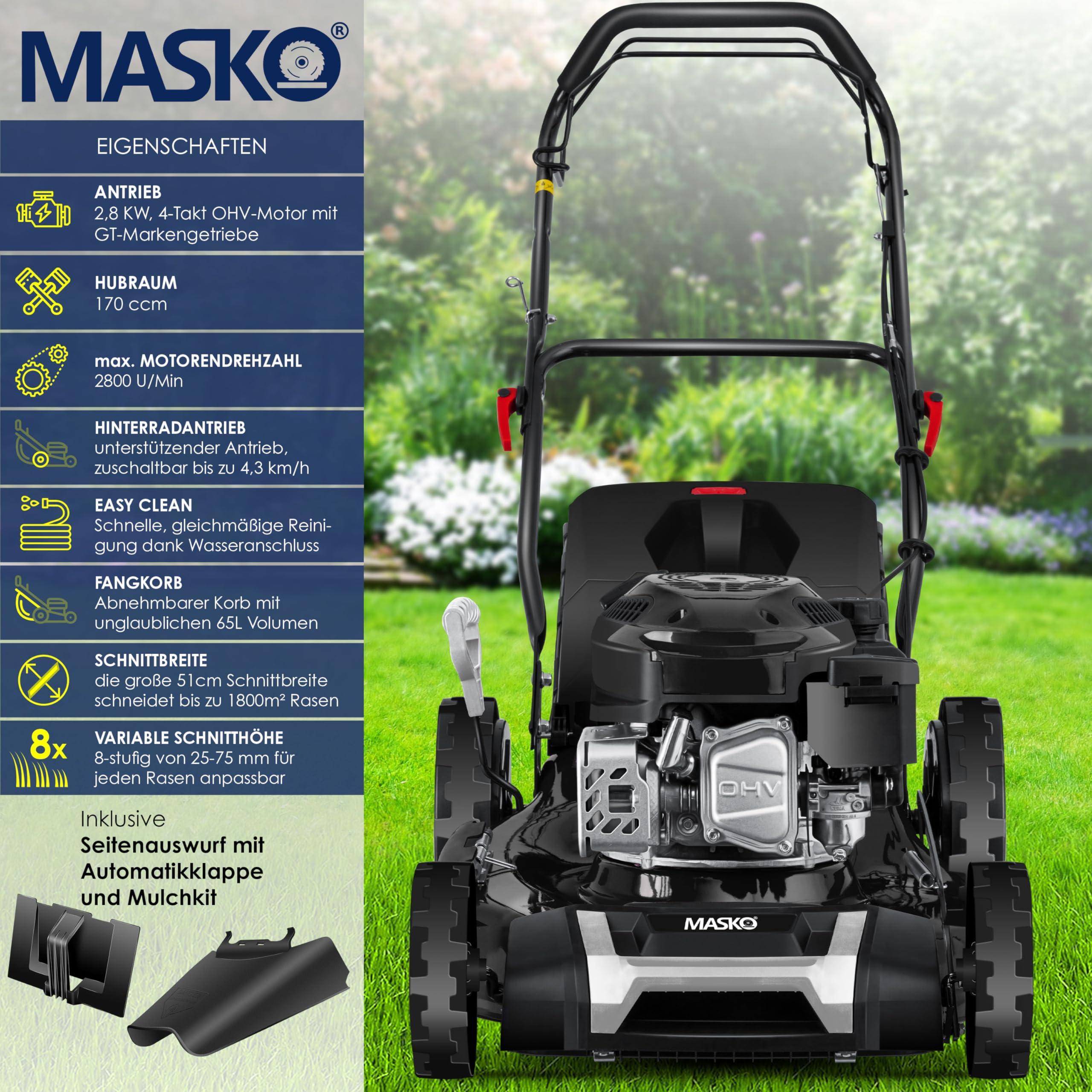MASKO® Benzin Rasenmäher 5in1 | 51 cm Schnittbreite | 8- fache Schnitthöhenverstellung | 4 Takt OHV Motor 6,0 PS | 65 Liter Fangkorb| Inkl. Mulch- Kit, Seitenauswurf