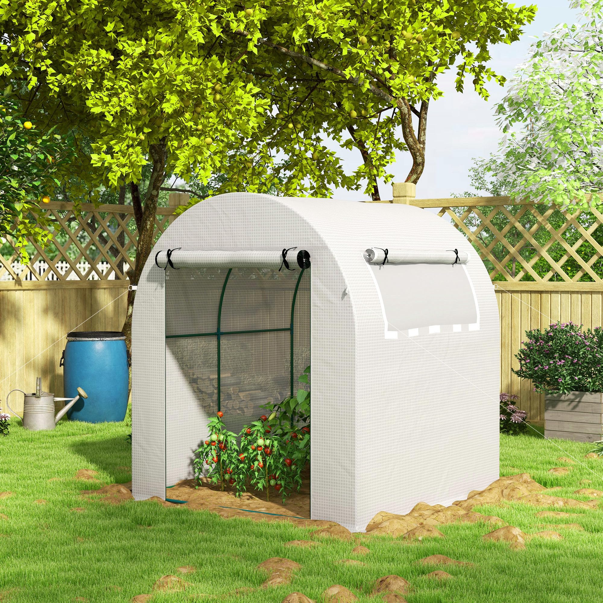 Outsunny Invernadero de Jardín 180x180x200 cm Invernadero de Túnel Pequeño con Puerta Enrollable y Ventana de Malla para Cultivar Plantas Flores Blanco