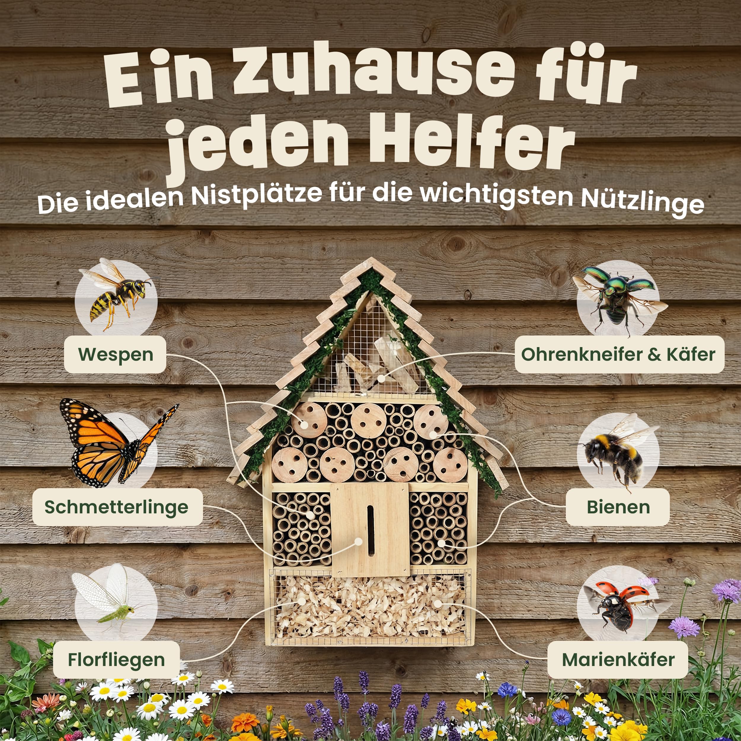 zooprinz Insektenhotel XXL Holz – Insektenhaus/Bienenhotel mit Bambus Röhrchen & Nisthilfe für Wildbienen – wetterfestes Design für Garten & Balkon – Stufendach (40,5 cm) - 5