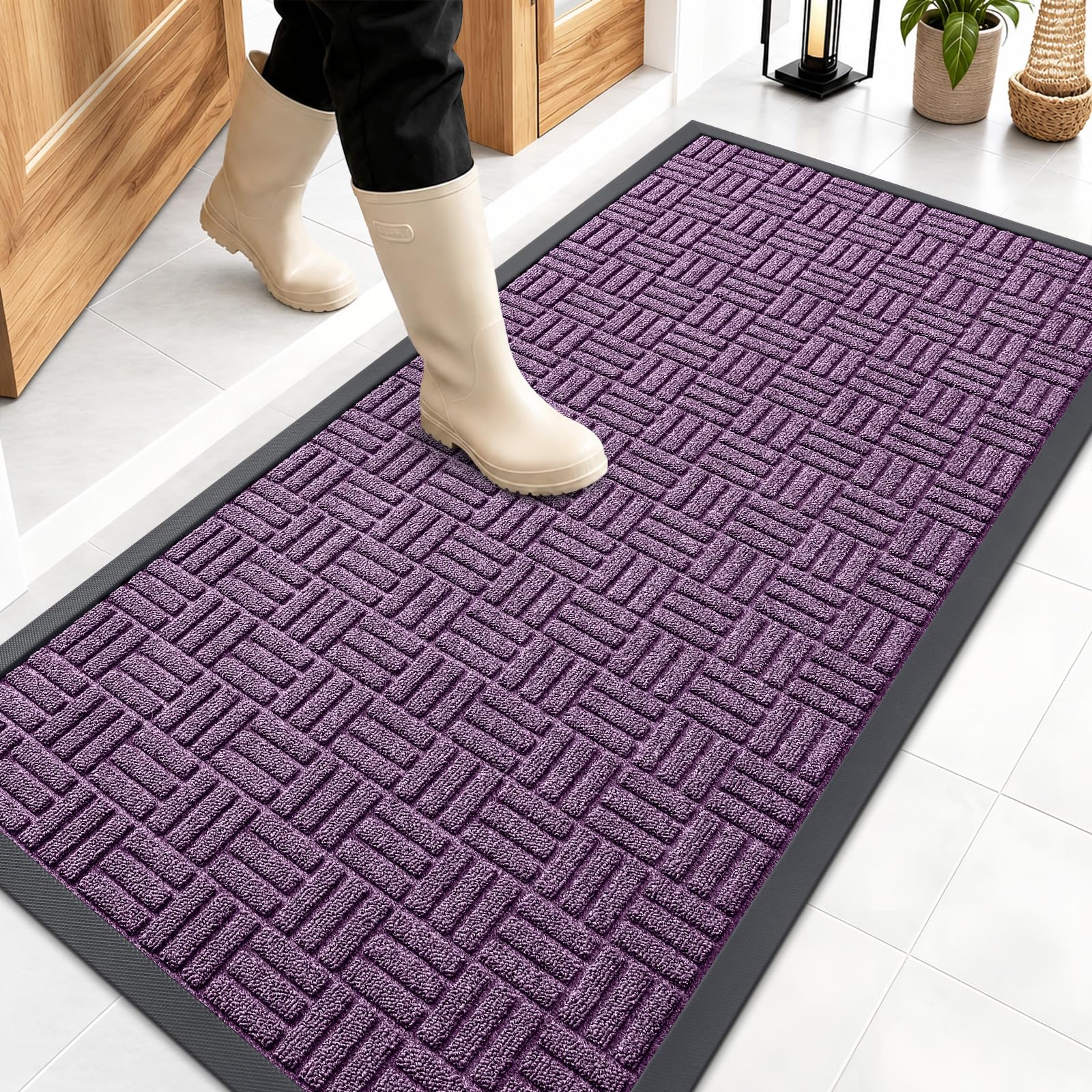 OLANLY Front Door Mat Outside Entrance 47x23, Absorbent, Heavy Duty Sturdy Natural Rubber Doormat Indoor Outdoor, Non-Slip, Stain and Fade Resistant, Low Profile Floor Mat for Entryway, Violet