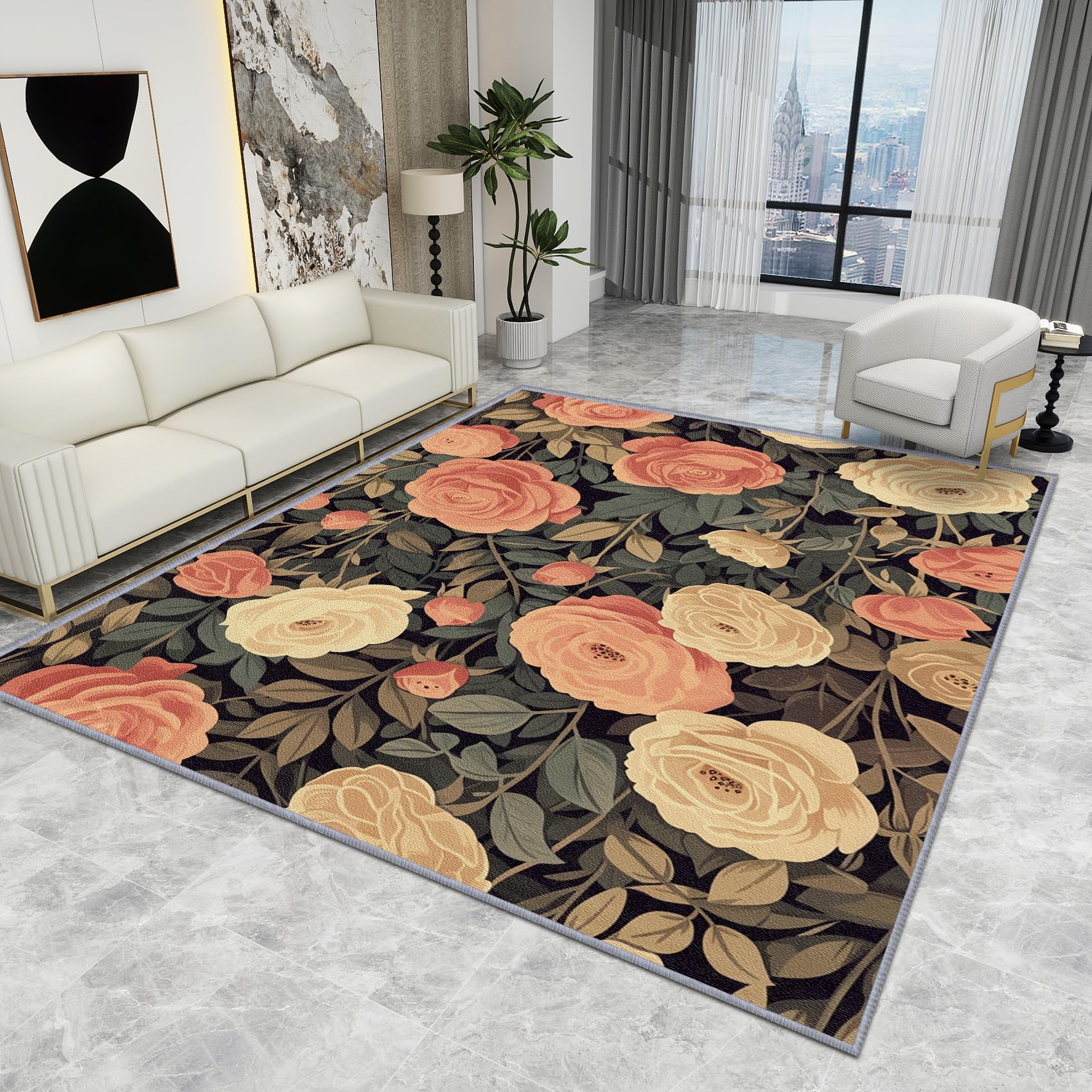 Floral Rug Small - Floral Rug - Vintage Flower Leaf Botanical Rugs, Rustic Carpet, Washable Rug Non Slip Low Pile Soft Large Area Rugs, Floral Home Decor Gifts, 100 X 150 cm