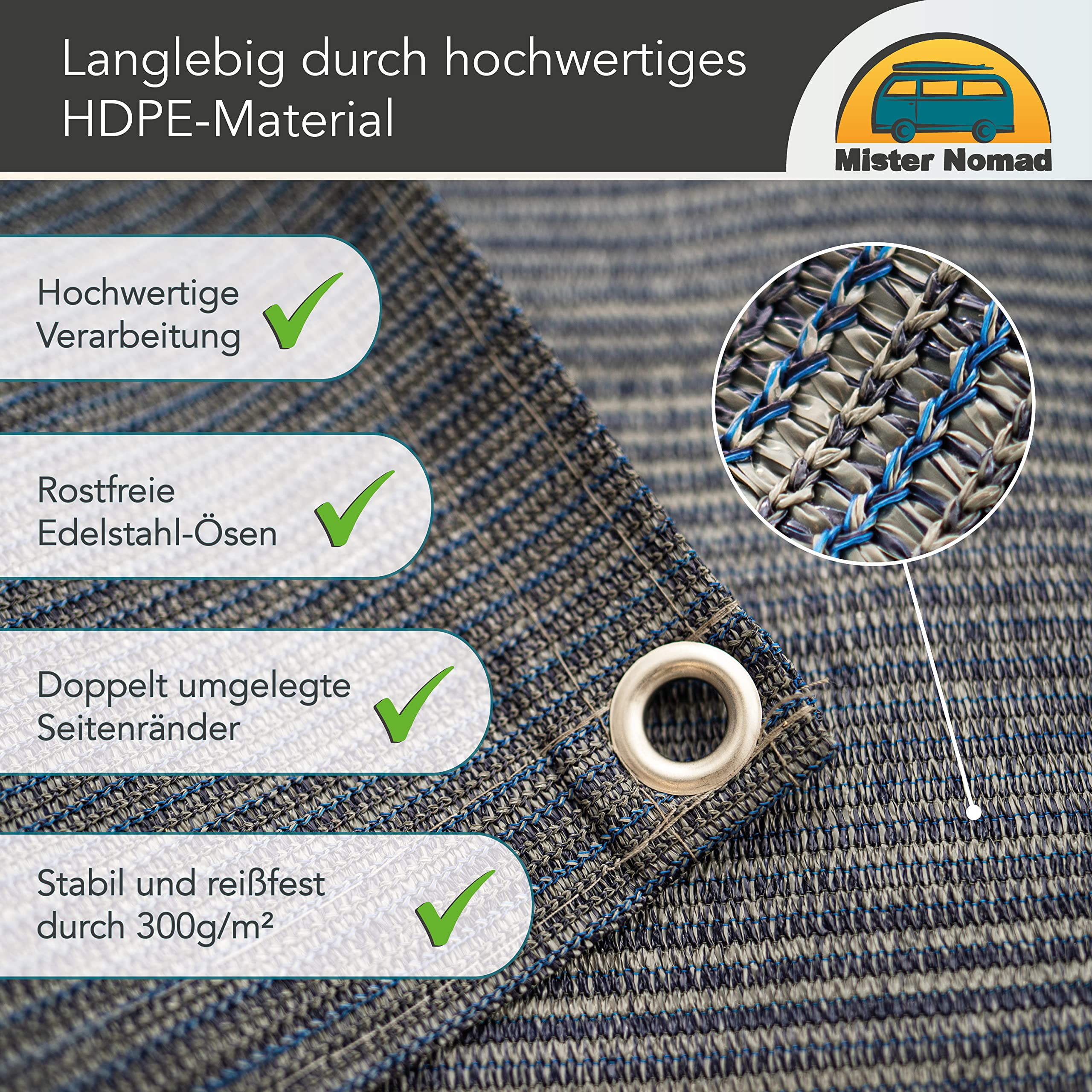 Mr Nomad Vorzeltteppich 3x2.5m – Hochwertiger, UV-beständiger Campingteppich aus HDPE (300 g/m²) – Perfekter Vorzeltboden für Wohnwagen & Wohnmobil – inkl. Tragetasche & Zubehör