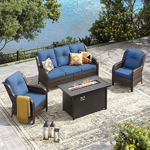 Miniatura 5 de VICLLAX Juego de 2 sillas de mimbre para patio, sillas de comedor de ratán con brazo ancho y cómodos cojines azules, respaldo alto para jardín,