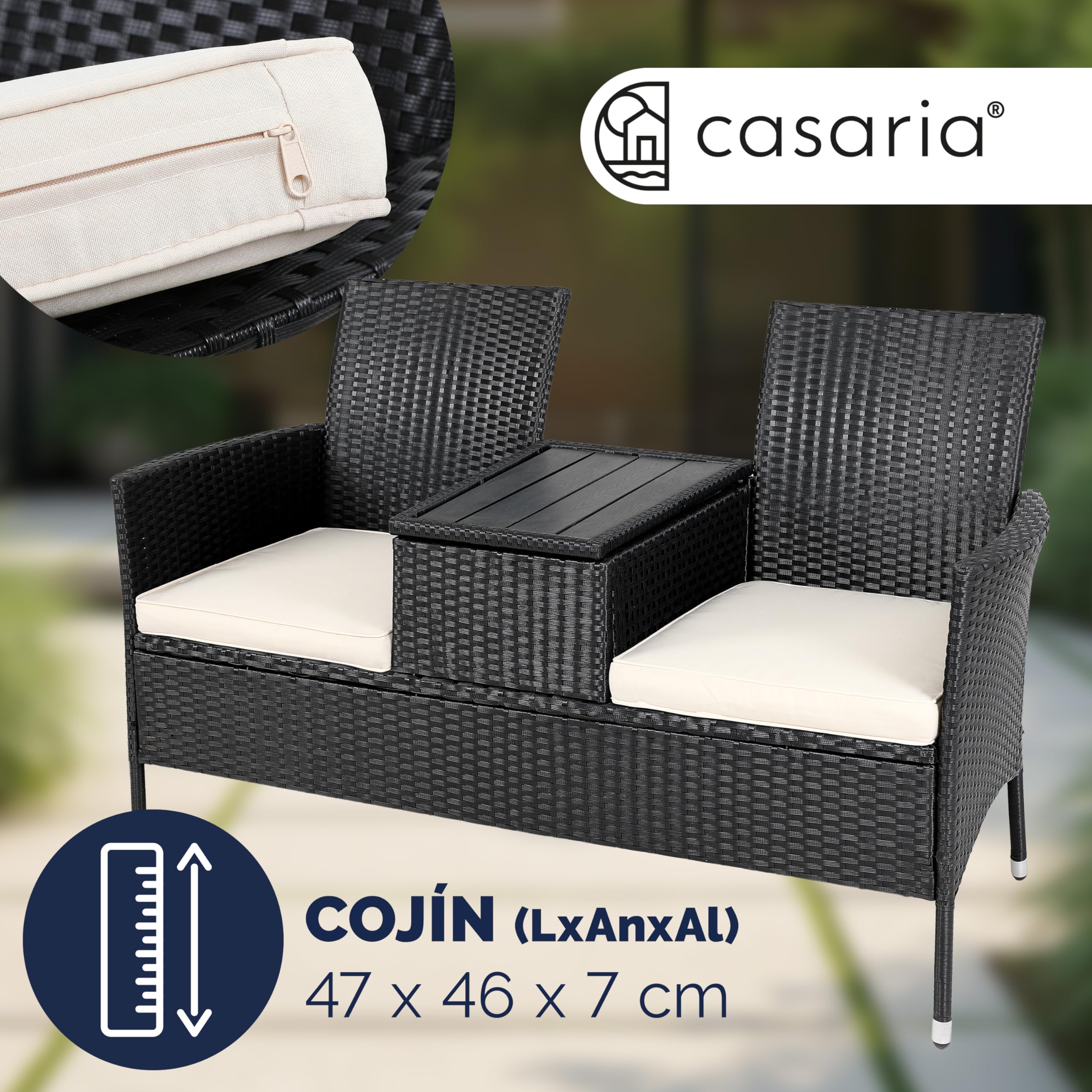 CASARIA® Banco de Jardín 143x64x88 Poliratán Negro Mesa WPC y Estante Asiento Extra Ancho Sillón Doble Exterior