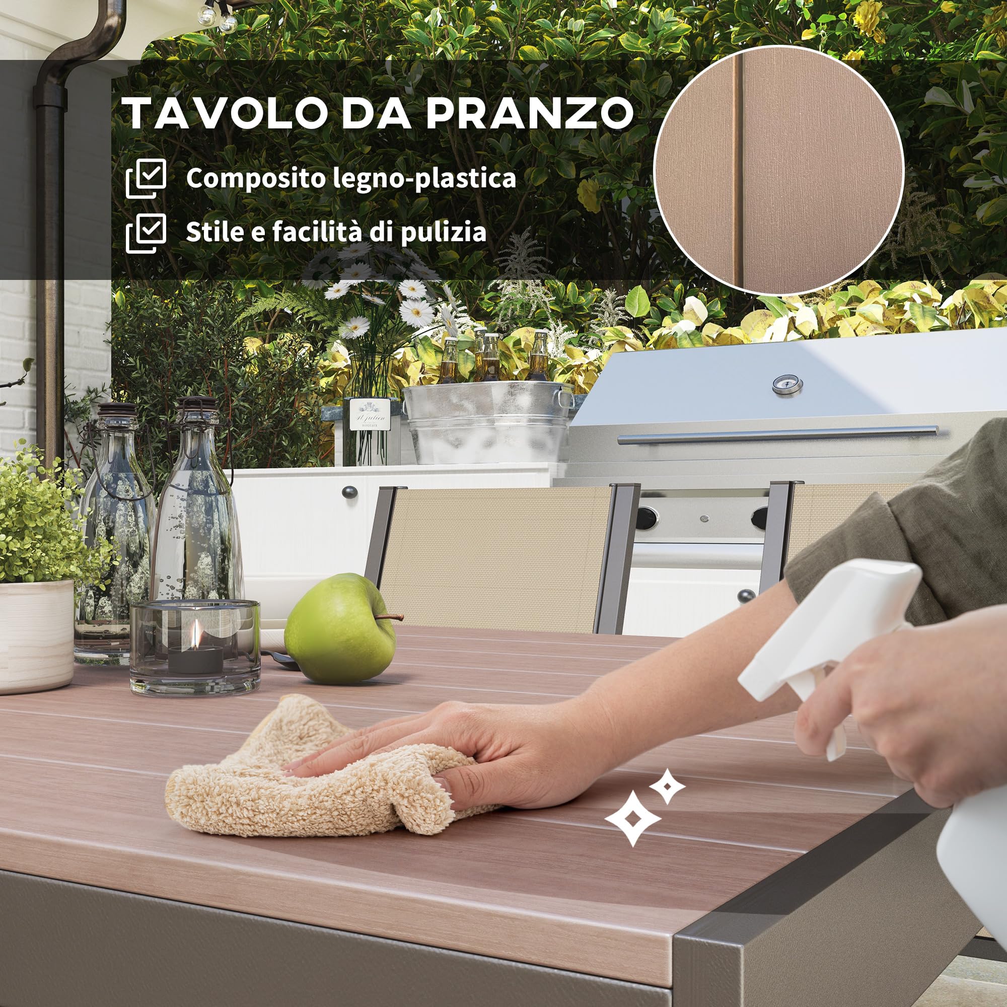 Outsunny Set da Giardino 7 Pezzi in Acciaio e Plastica, Set Mobili da Esterno con 6 Sedie Impilabili e Tavolo Rettangolare, Kaki e Marrone