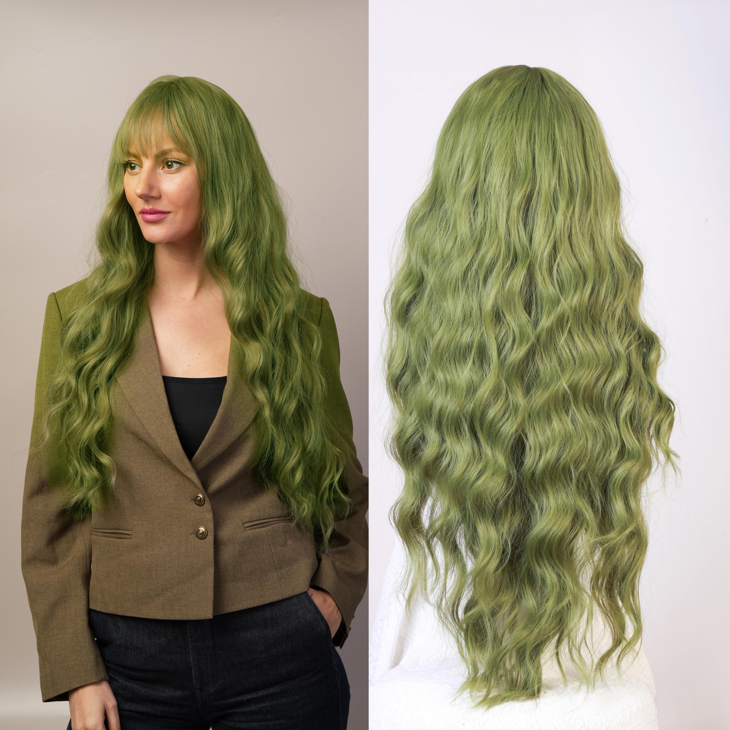 Stylophyx Women's Green Curly Wig with Bangs Exclusively Designed for Women, Synthetic Hair Strands, Ideal for Role playing and Parties (Comes with