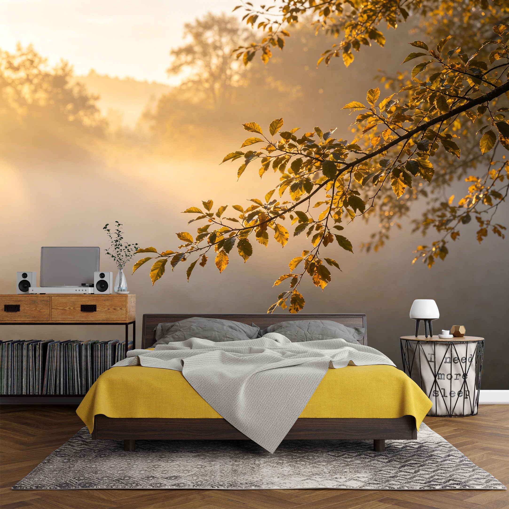 Custom Size Wall Mural Golden Morning Sunbeam Forest Foggy Landscape Nature Scenic，SelfAdhesive Art Prints wall Fabric（No PVC） Removable Wallpaper Living Room Decor
