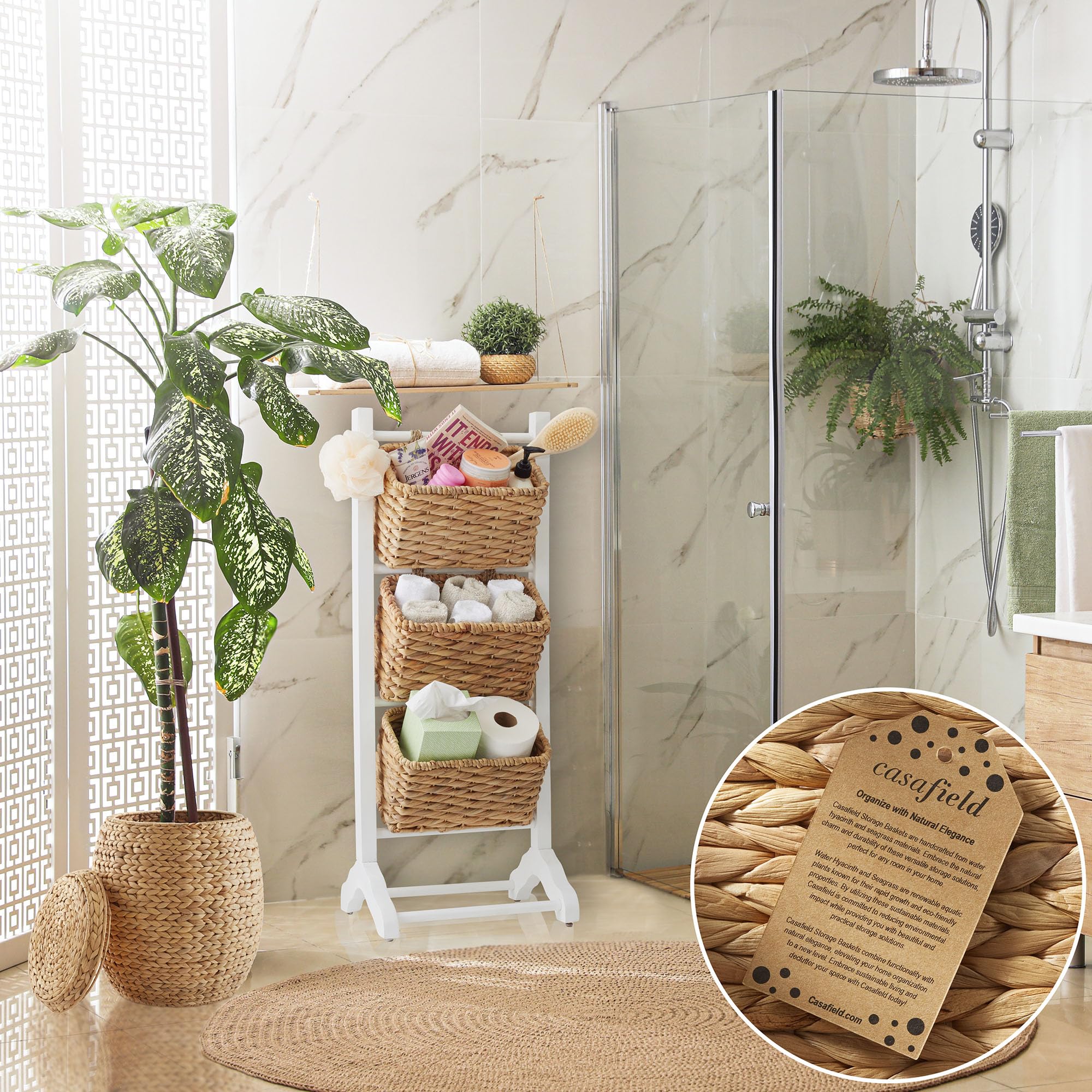 Casafield 3-Tier Floor Stand with Water Hyacinth Storage Baskets, White/Natural - Standing Organizer Rack for Bathroom, Kitchen, Laundry, Living Room