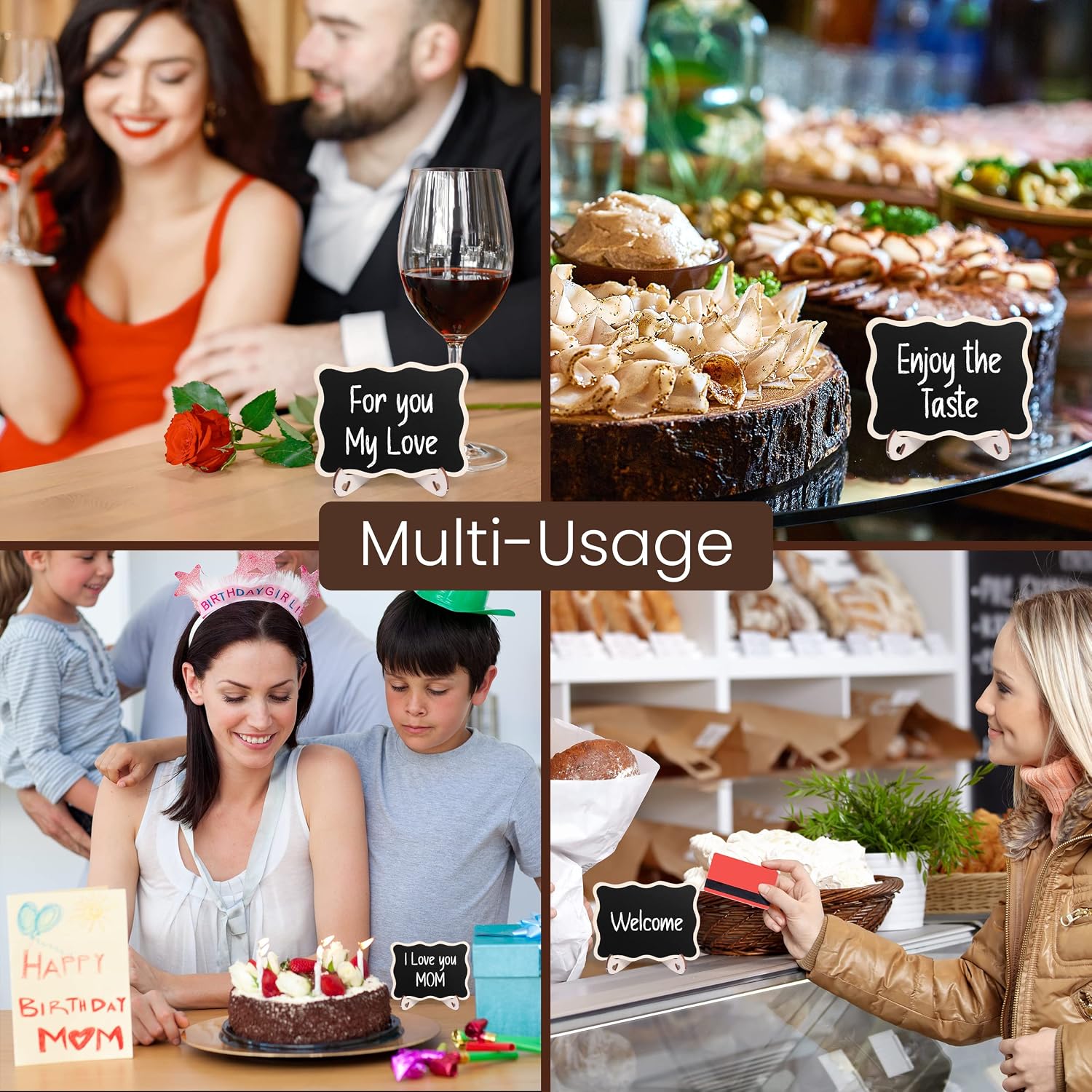 20 Pack Mini Chalkboard Signs for Food with 20 Additional Stickers – Water Based Pen & Support Easels with Wooden Place Cards – Food Labels for Party Buffet Table, Weddings, Brunch & Decorations