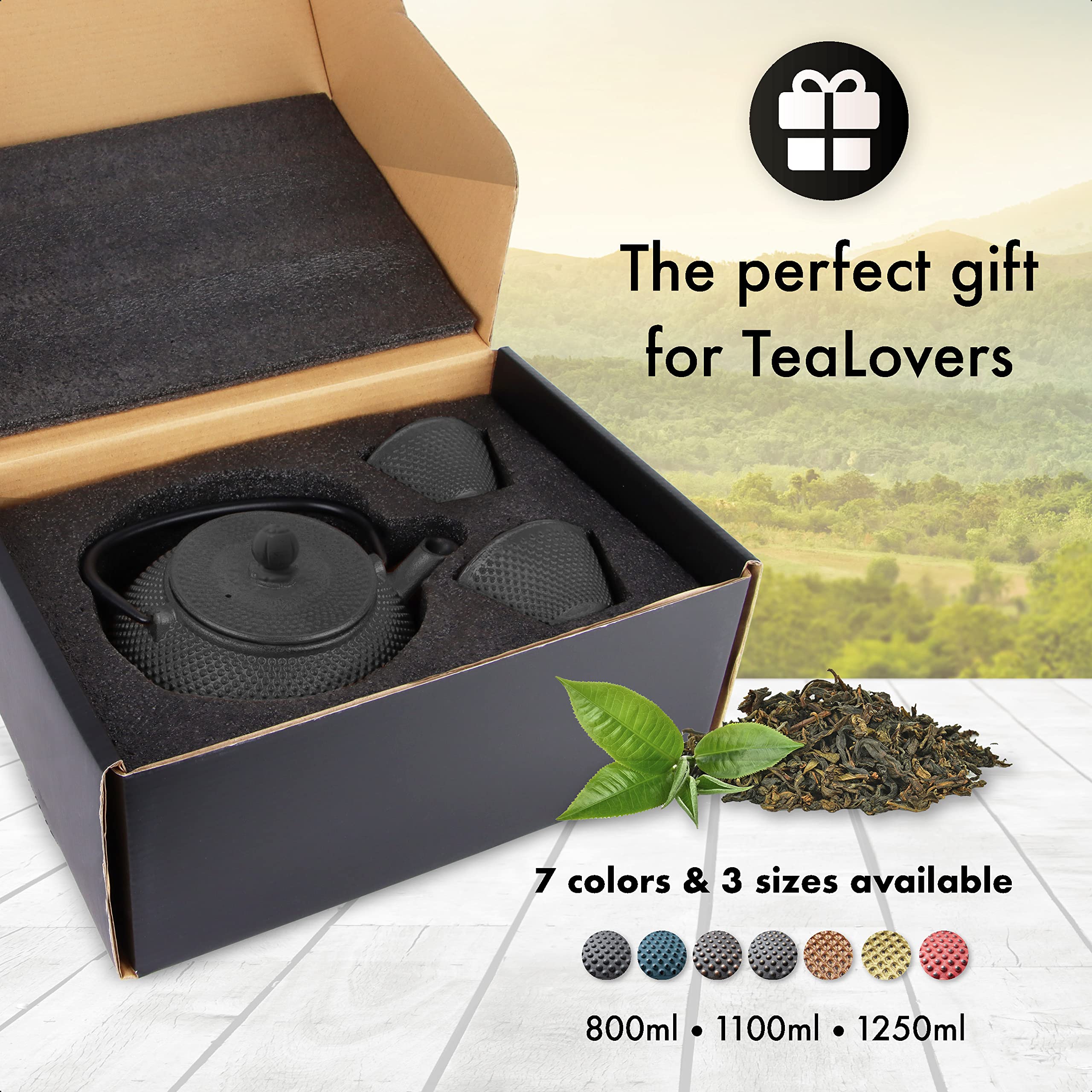 TEIERA GHISA SET – Set Completo Teiera in Ghisa con Infusore, 2 Tazze e Sottoteiera – Interno Completamente Smaltato - Design Elegante in Stile Giapponese (800 ml, Nero)