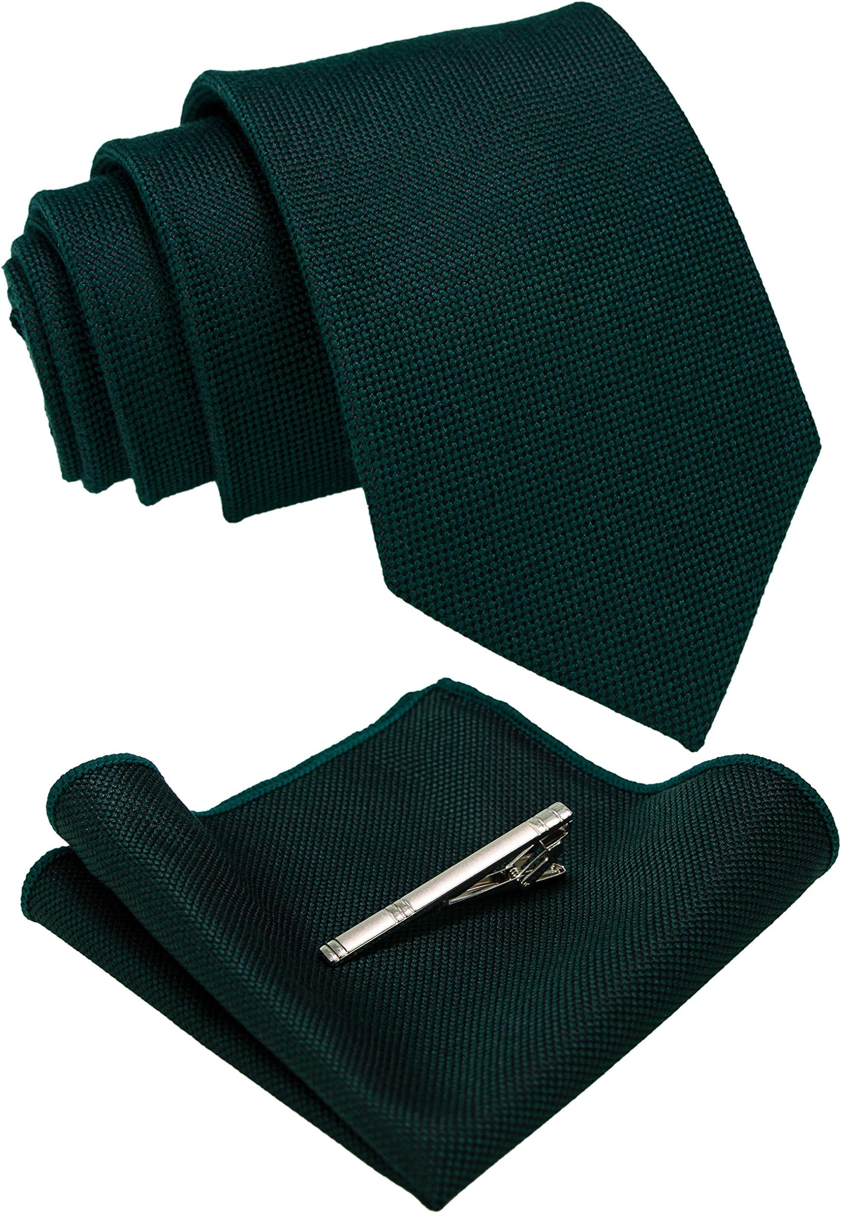 RBOCOTT Dark Green Wool Tie Nacktie and Pocket Square with Tie Clip Sets for Men
