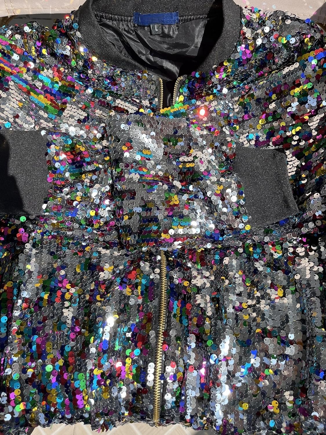 Blouson aviateur à paillettes colorées pour femme – Blazer à paillettes brillantes à paillettes avec fermeture éclair à l'avant – Manteau tendance pour concert, fête, Noël, danse, multicolore