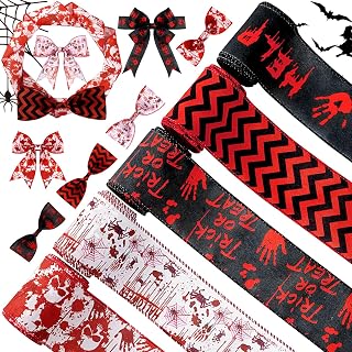 Kuscul 5 Rolls Halloween Wired Edge Ribbons for Crafts,30 Yards Bloody Craft Ribbon Spooky Gift Wrapping Ribbon for Wreath Home Party DIY Craft Decoration