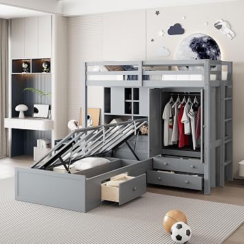 Twin Bunk Bed with Drawers, Wardrobe, Storage Shelves and Hydraulic Bed, Gray