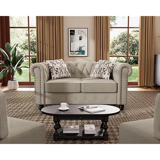 Morden Fort 3 Piece Classic Chesterfield 6-Seater Set, Tufted Chair & Loveseat & Sofa Solid Wood Legs Thick Cushion, Pet-Friendly Couch Set Furniture for Living Room Bedroom Apartment, Linen Beige