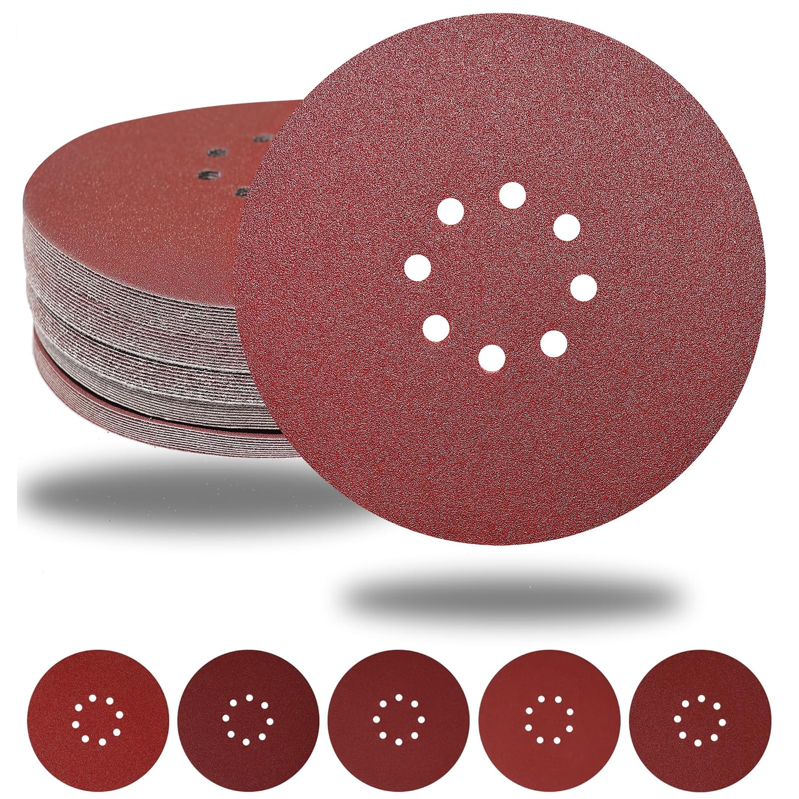 CUBEWAY Disques de Ponçage 225 mm 50 Pièces 8 Trous Disques Abrasifs 225 mm Ronds Papier Abrasif for Ponceuse pour Cloisons Sèches Ponceuse Girafe (50 pièces -10xP40/60/80/120/240)