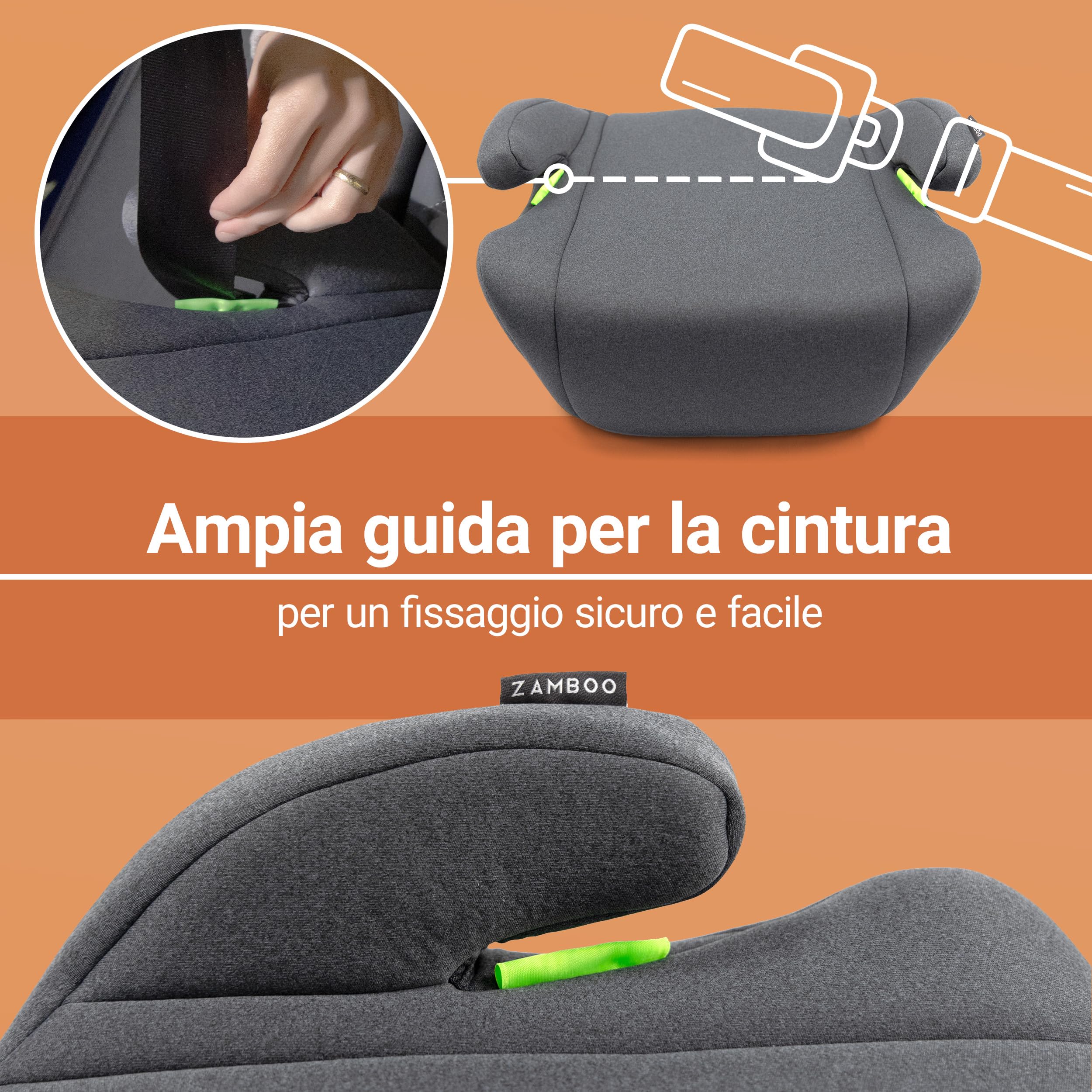 Zamboo rialzo auto i-Size 125–150 cm | fissaggio con cintura a 3 punti, omologato ECE R129/04 | alzatina auto bimbi imbottito con rivestimento sfoderabile e lavabile – grigio