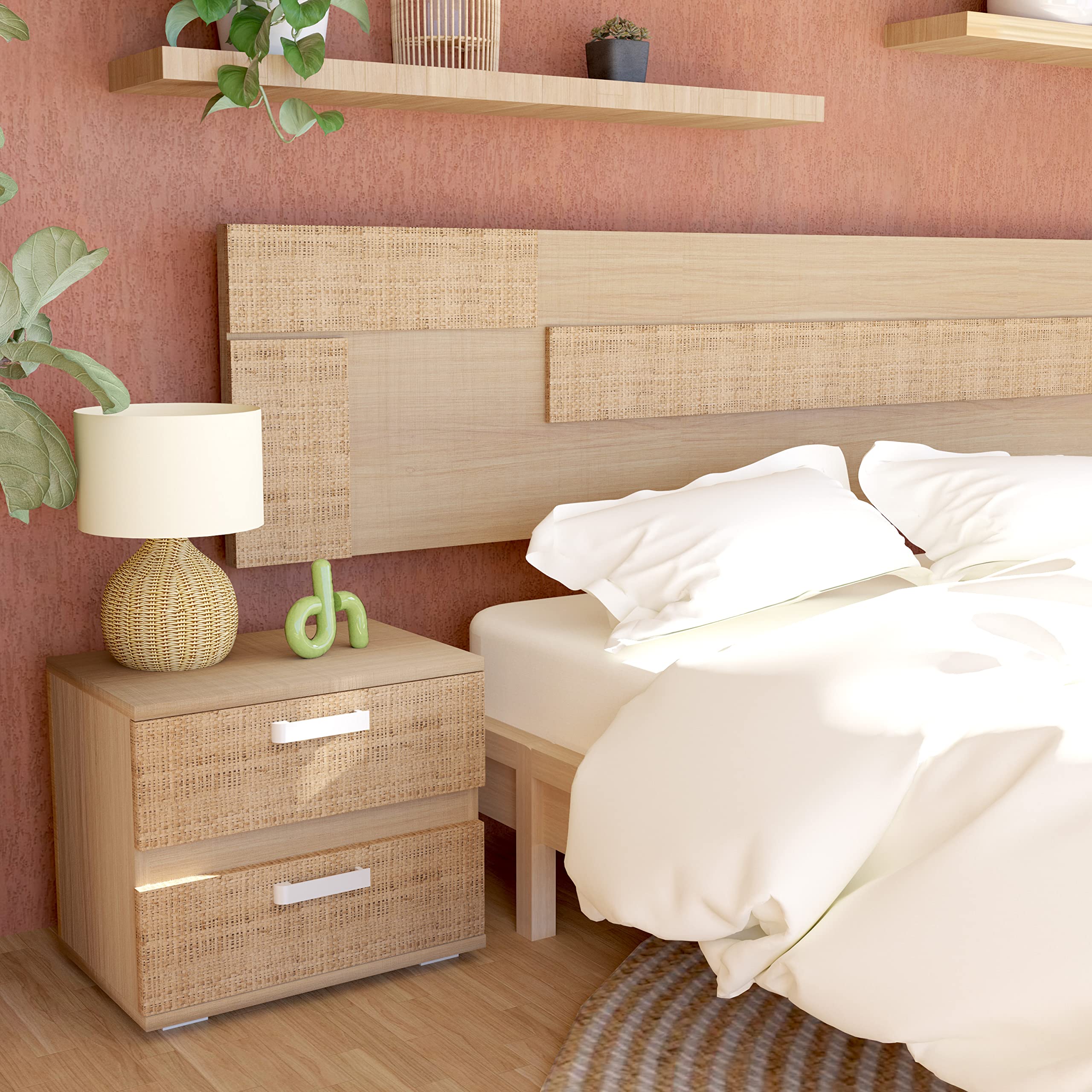 duehome | Pack Ataneq Tex 4c con Cabecero + 2 Mesitas + Comoda + Espejo, Tofe y Textil