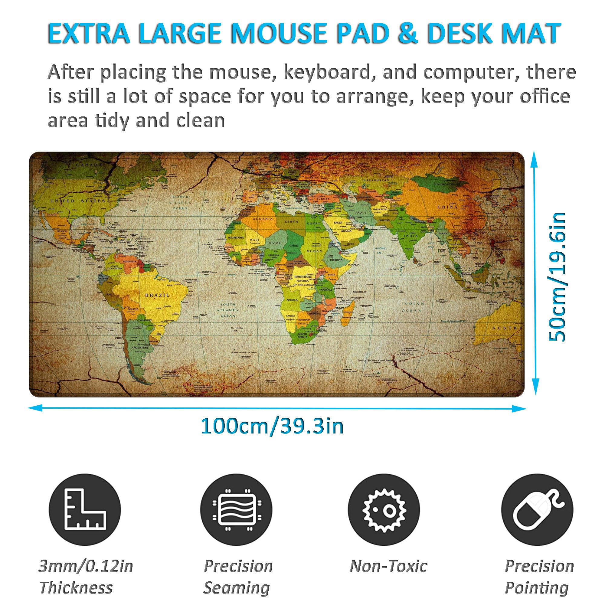 LL-COEUR XXL Mappa del Mondo Tappetino per Mouse Pad Gaming Computer Scrivania Mat (1000 x 500 x 3 mm)