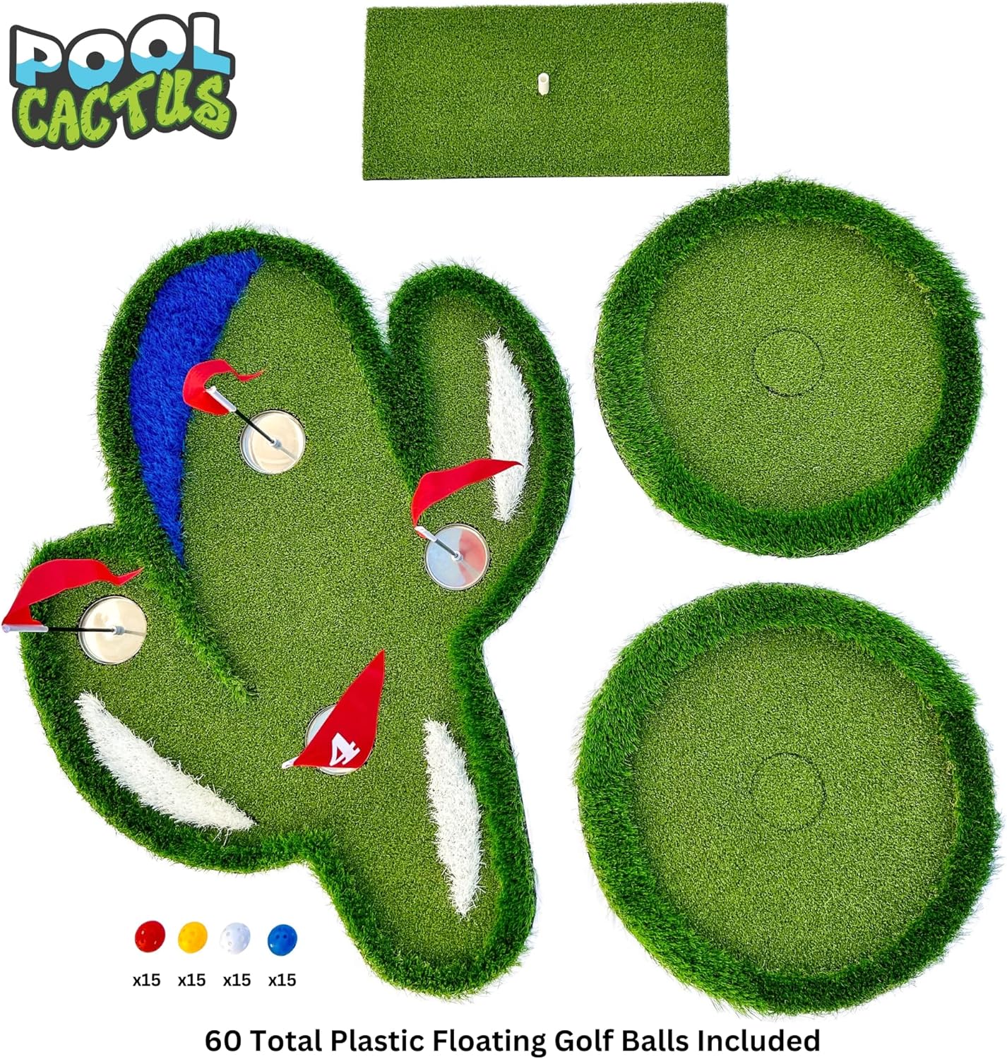 Floating Golf Green Set with Two Circular Floating Green Targets, Includes Chipping mat with Rubber tee, and 60 Multi-Colored Floating Plastic Golf Balls