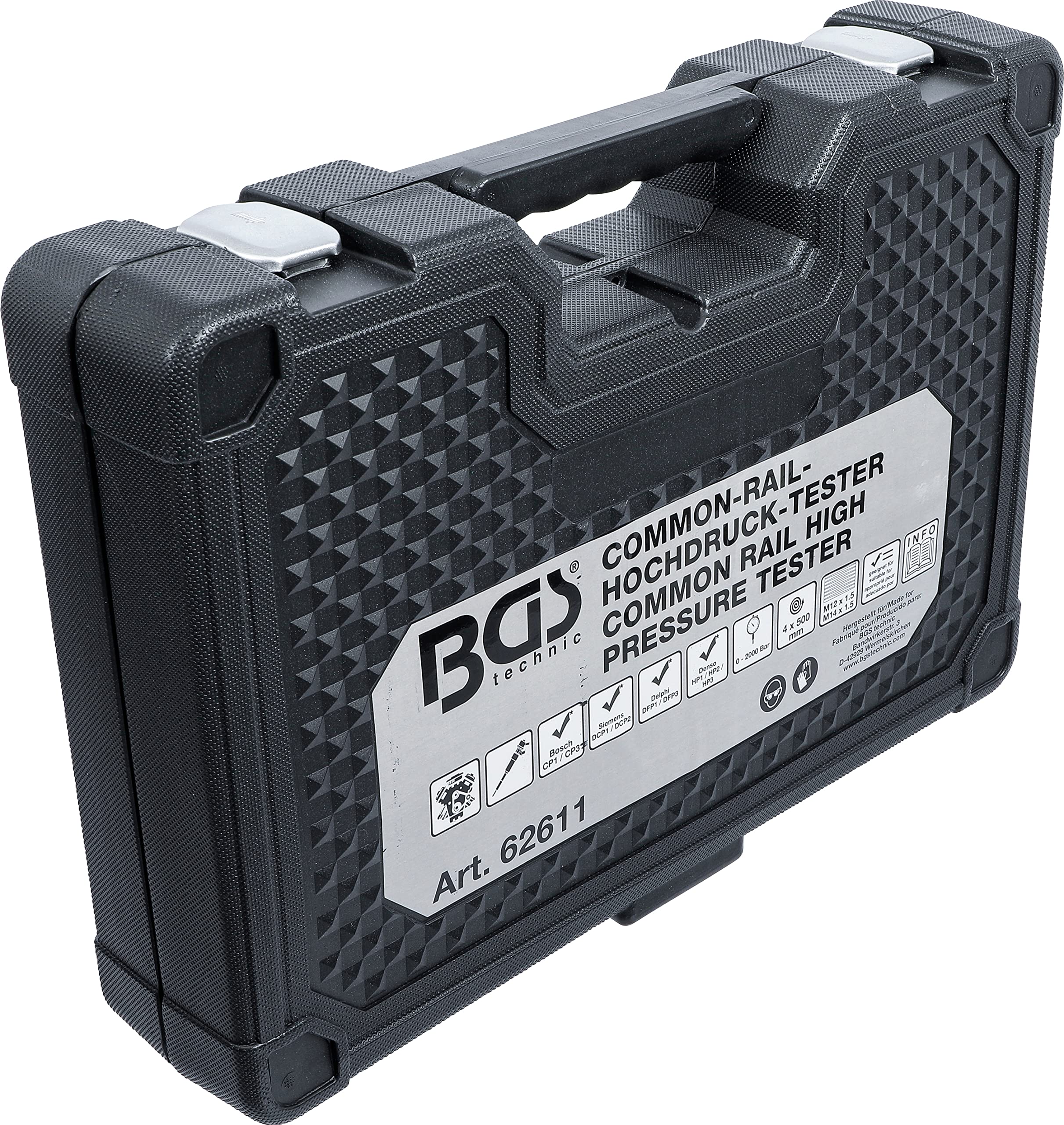 BGS 62611 | Comprobador de Common Rail de alta presión | Para sistemas CR Bosch CP1/CP3, Siemens DCP1/DCP2, Delphi DFP1/DFP3, Denso HP1/HP2/HP3, 4 mangueras de medición de 500 mm