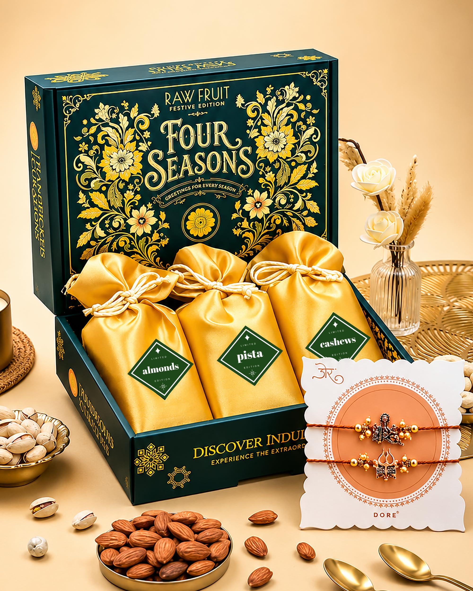 HyperFoods® Rakhi set for brother with dryfruit RawFruit Four Season's Dry Fruit Gift Box (300 grams) with Rakhi set of 2 Dry fruits gift pack Rakhi Gift Hamper for Brother