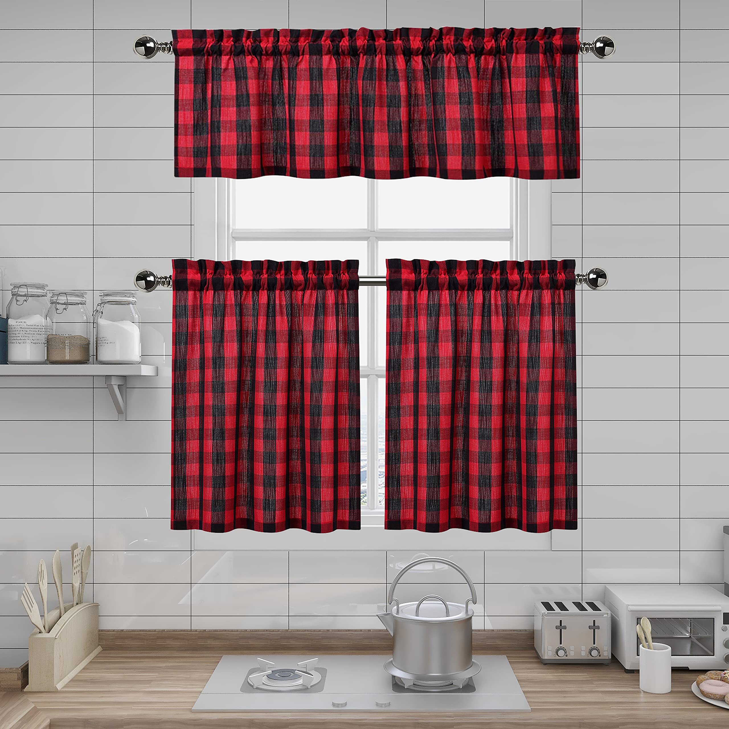 Bapawfish Black and Red Buffalo Check Kitchen Curtain Valances and Tiers Set for Windows, Plaid Gingham Farmhouse Valance Tiers Set for Bathroom Rod Pocket Cafe Curtains, Red/Black