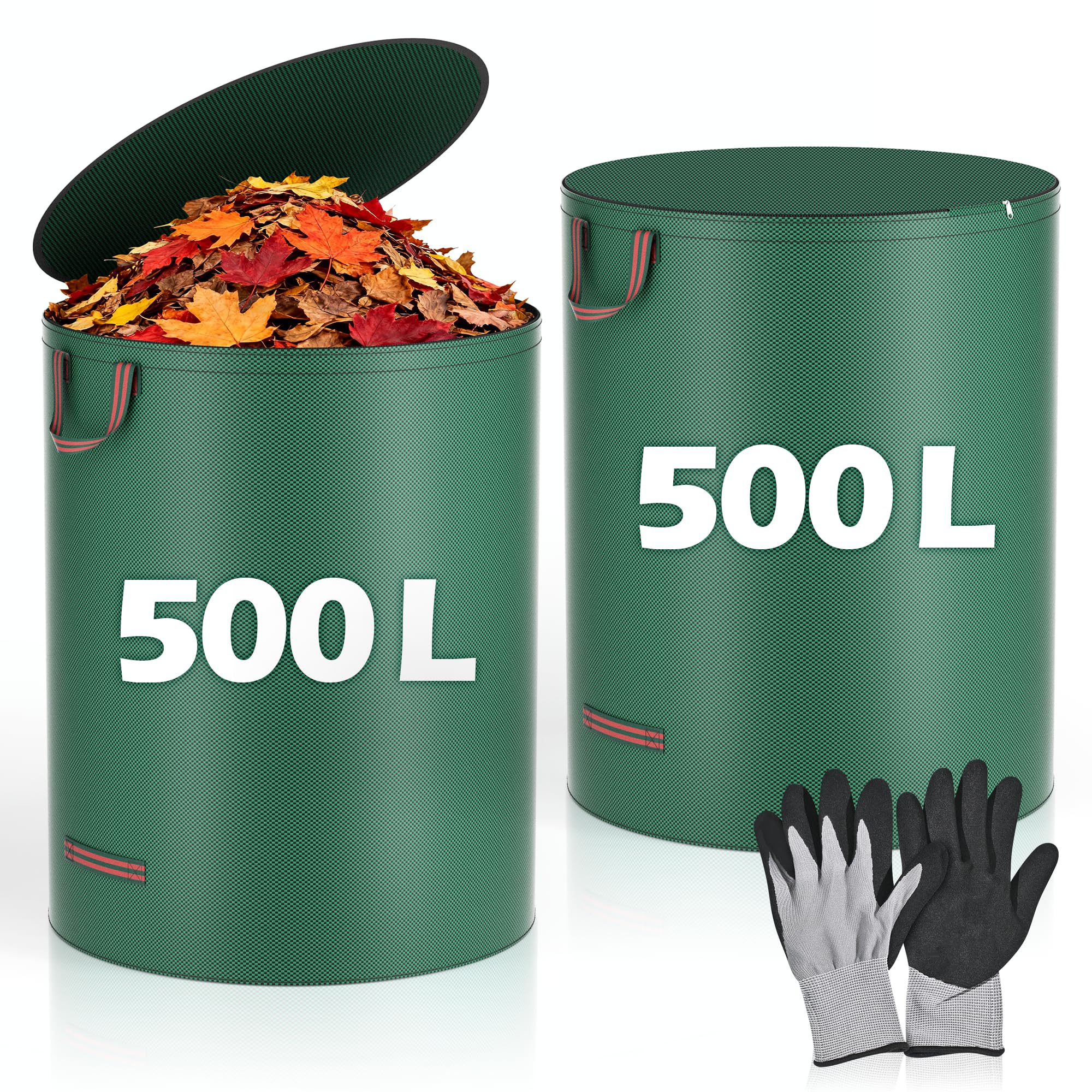 Flaveano Garden Waste Bags With Handles, 2x500L Garden Bags Heavy Duty With Lid and Gardening Gloves for Collecting Grass, Leaves, Debris
