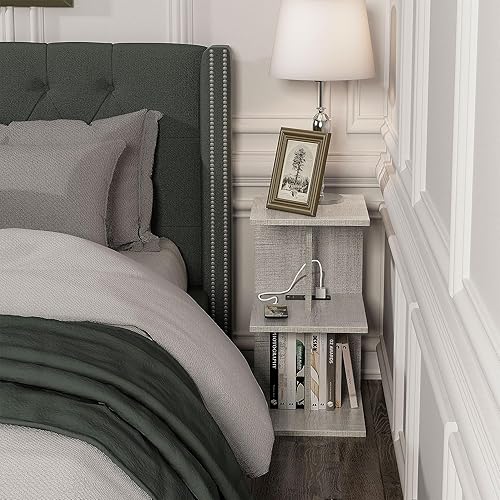 Miniatura 6 de FROMJBEST Mesa auxiliar con estación de carga, mesa auxiliar estrecha para espacios pequeños, mesita de noche con puertos USB y tomacorriente, mesa