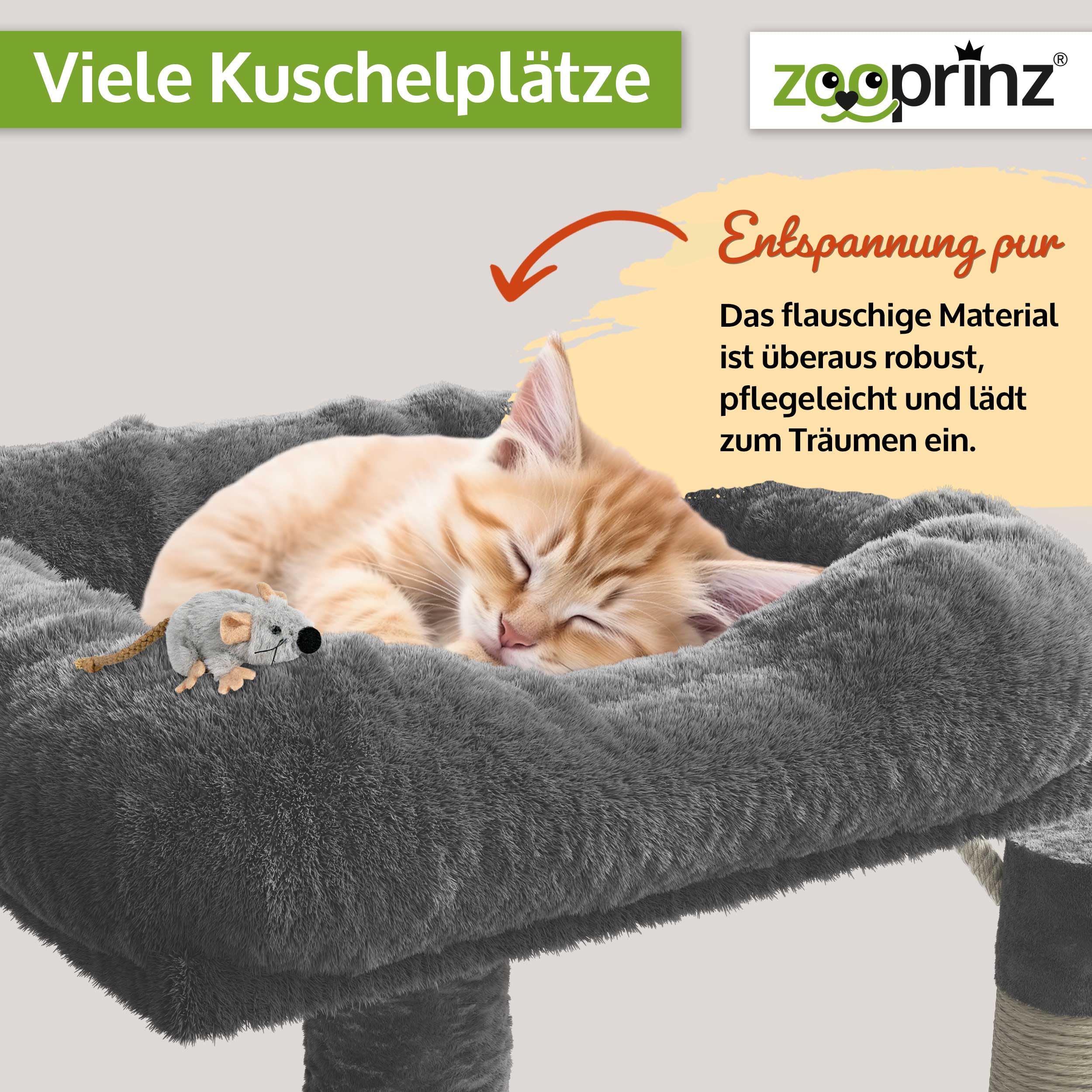 zooprinz Premium Kratzbaum XXL – Katzenbaum für große Katzen | Breiter Kletterturm mit dicken Sisal-Säulen, Höhle, Hängematte, Bällen, Seil und Plüschmaus, Dunkelgrau