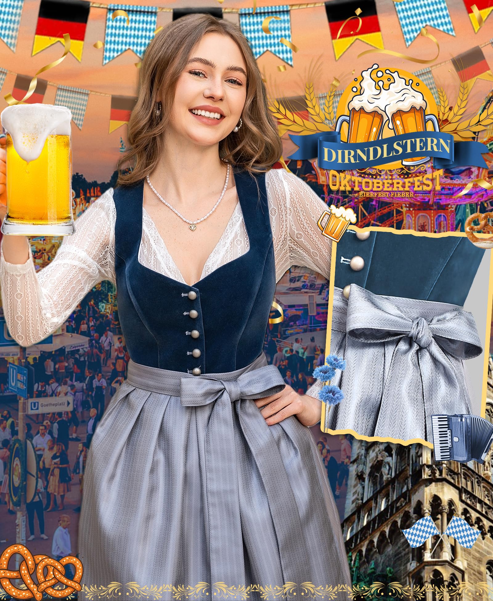 DIRNDLSTERN Dirndl Kobiety Midi Niebieski - Sukienka Aksamitna Tradycyjny Strój z Fartuch Strój na Oktoberfest