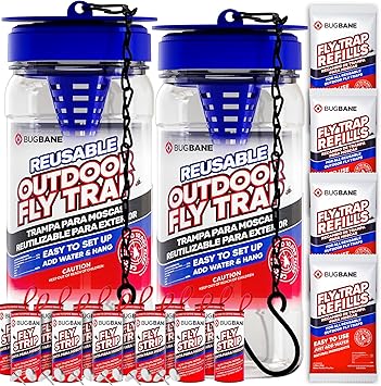 2 Fly Traps Outdoor Fly Trap for Patio with 4 Non-Toxic Dissolvable Bait Refills and 12 Sticky Ribbons. Reusable Hanging Bug Catcher Killer for All Filth Flies for Outside Bug Control Yard Ranch