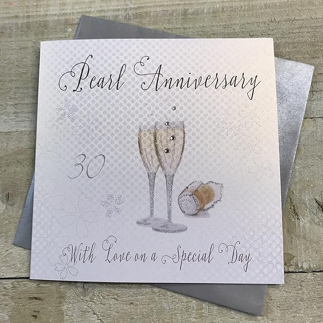 WHITE COTTON CARDS Champagne Glasses Pearl Handmade 30th Anniversary Card, White, WA30