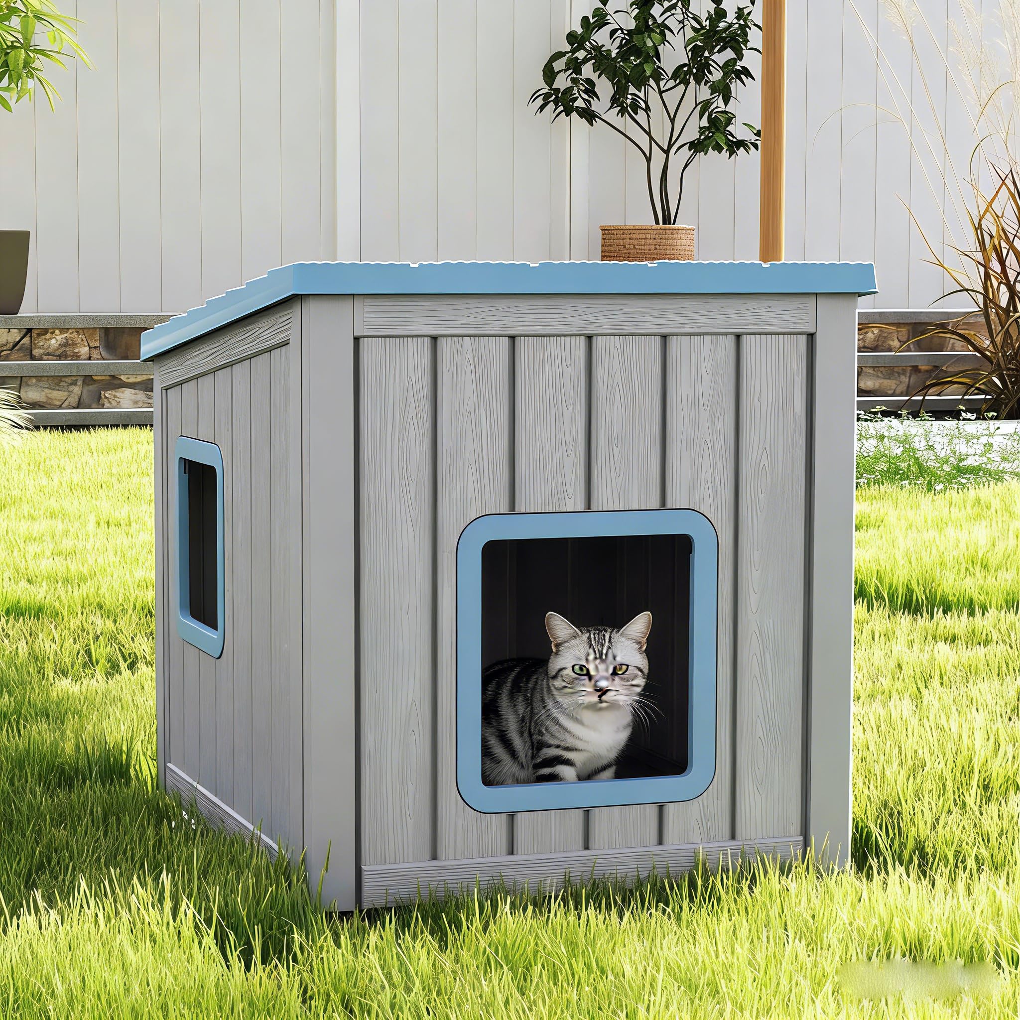 GULAIMOAO Outdoor Cat House, Outside Cat House Weatherproof with Air Holes, Cat Houses for Outdoor Indoor Cats, Resin Insulated Material, Emergency Exit, Blue