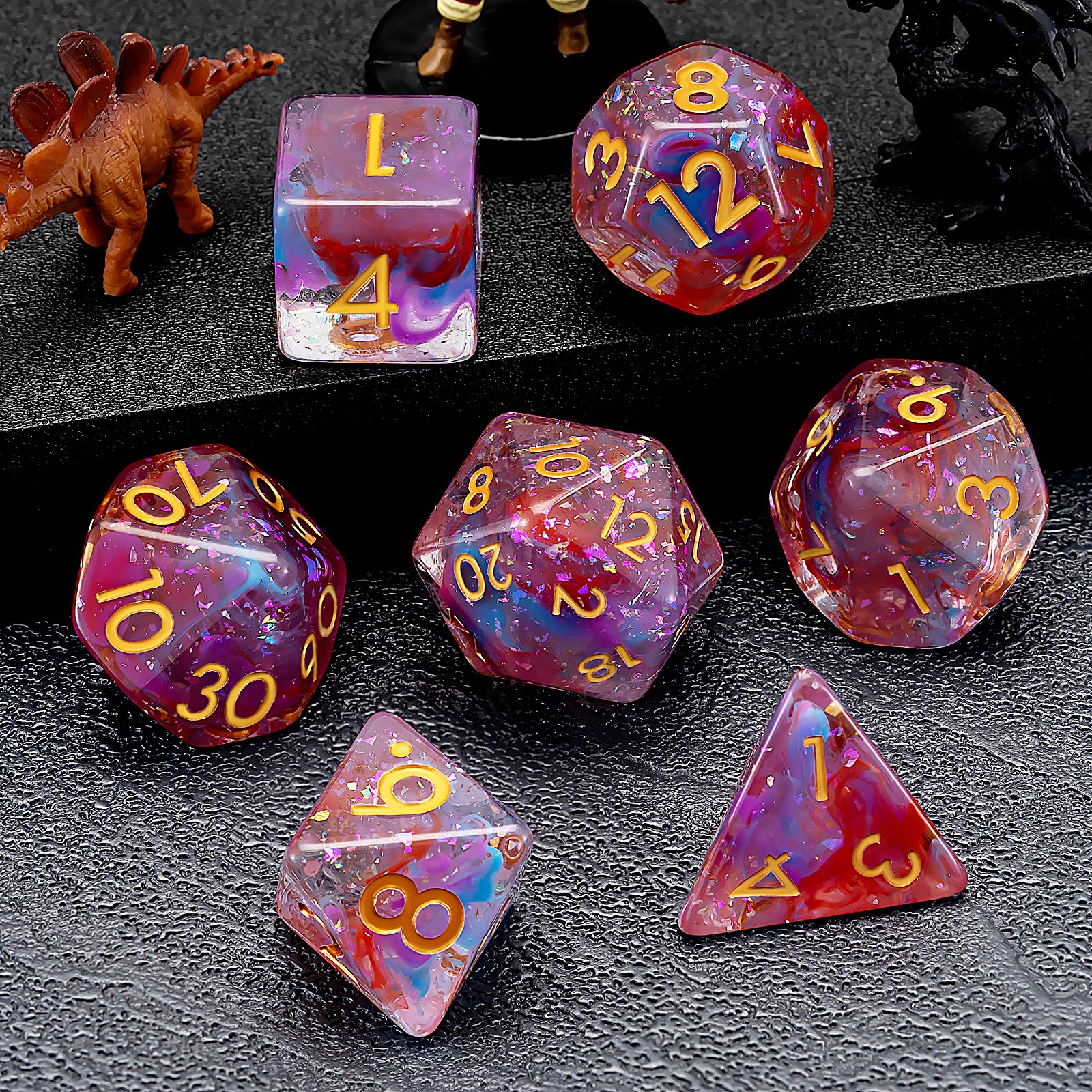 Resin Dice Set,Polyhedral Dice Blue+Purple+Red Glite Inclusion Green Dice,RPG D&D Dice Set for Dungeons and Dragons MTG RPG Role Playing Games