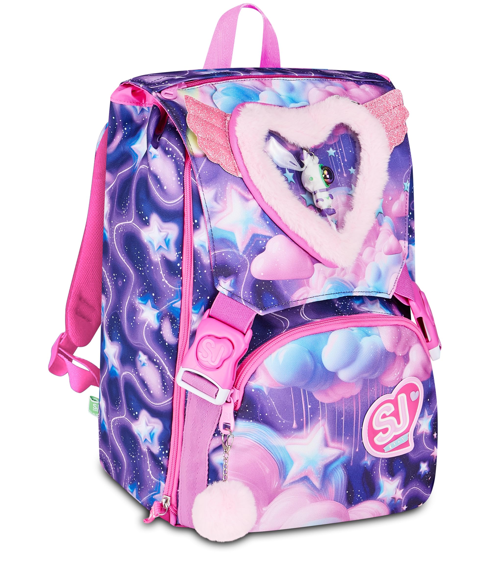 SJ GANG STYLE JAM GANG Zaino Scuola Estensibile Big FLUFFY PINK GIRL, Viola, 24 L, Zip laterali, Applicazioni pelose, Portachiavi astronauta, Tasca portaborraccia, Elementari e medie, Bambina, Ragazza