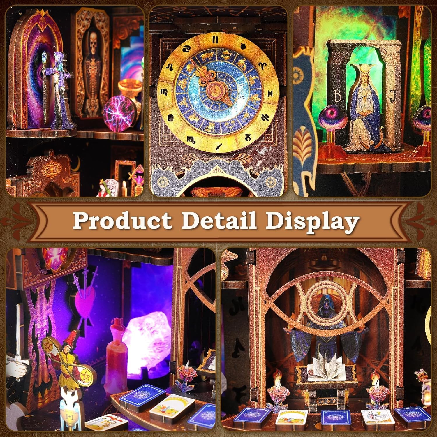 Book Nook Tarot Kit - 3D Wooden Puzzle for Adults, Teens & Beginners, DIY Miniature Bookshelf Insert with LED Light, Mysterious Craft Gift for Family, Friends