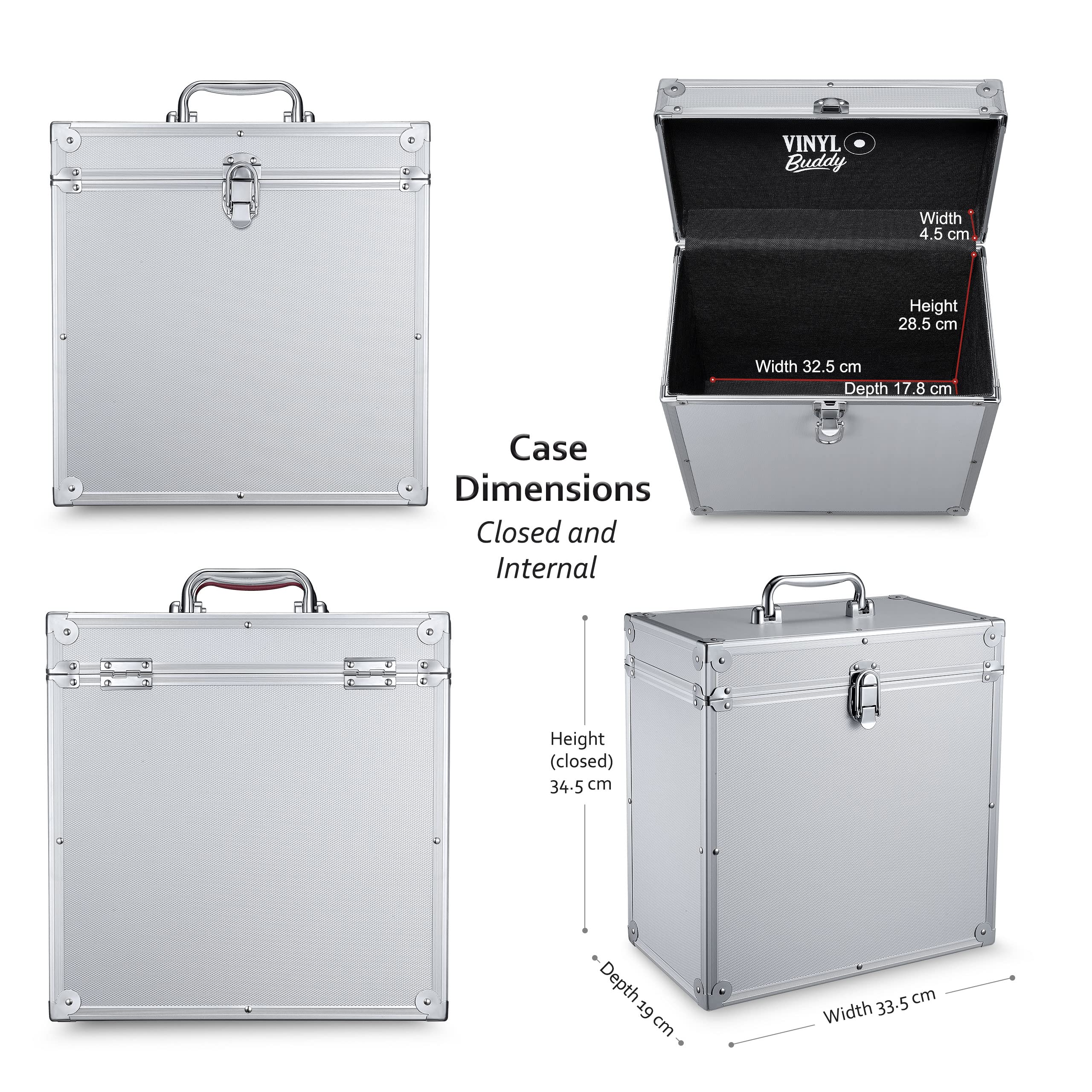 VINYL BUDDY 12'' Alluminium-Schallplattenkoffer, für bis zu 40 LPs, inklusive 40x 12-Zoll-Äußere Schallplattenhüllen', argento, 33 cm x 34 cm x 19 cm, Valigia