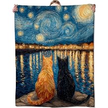Cat Flannel Blanket, Soft Cozy Throw with Kitten Starry Night, Oil Painting Dreamy Home Bedroom Decor and Gifts for Women Kids Girls, Lightweight Blankets for All Seasons, 50x60 Inch