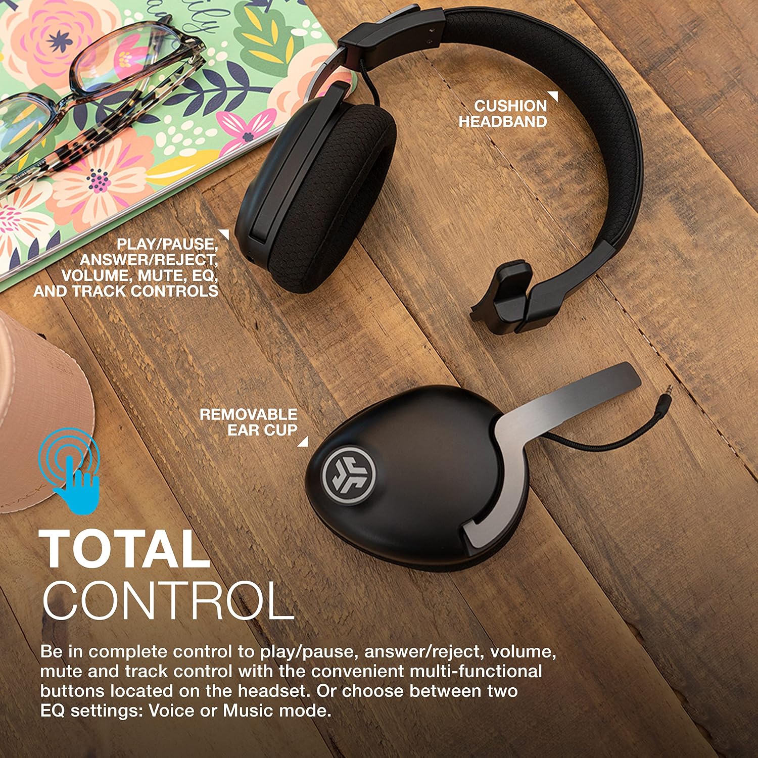 JLab JBuds Work Wireless Headset with Microphone - Over Ear Computer Headsets, Wired or Wireless Headphones with 60+ Playtime - Multipoint Bluetooth Headset for Laptop, Teams, Office with Mic (1 Pack)