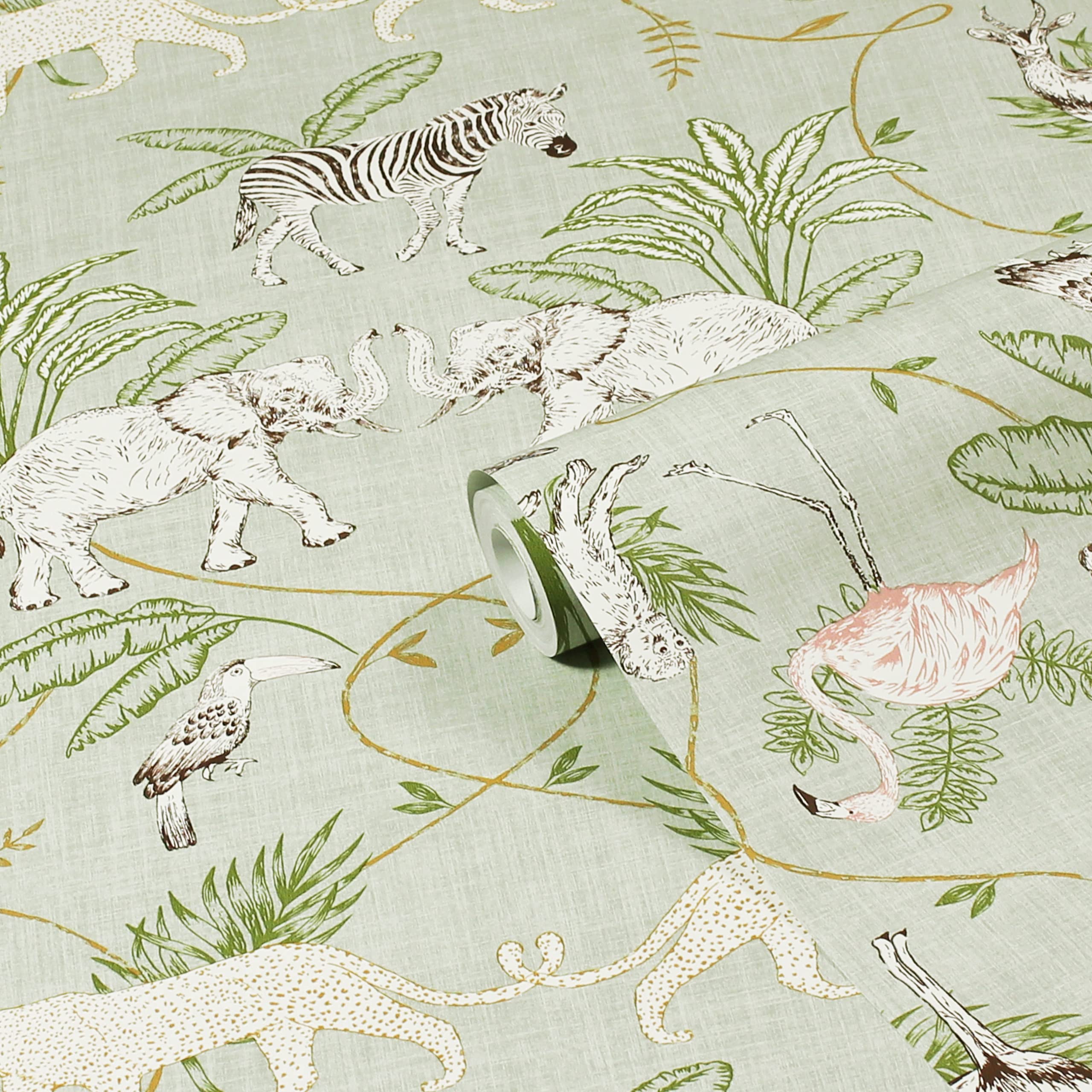 Furn Unisex Light Green Serengeti Animal Printed Wallpaper In