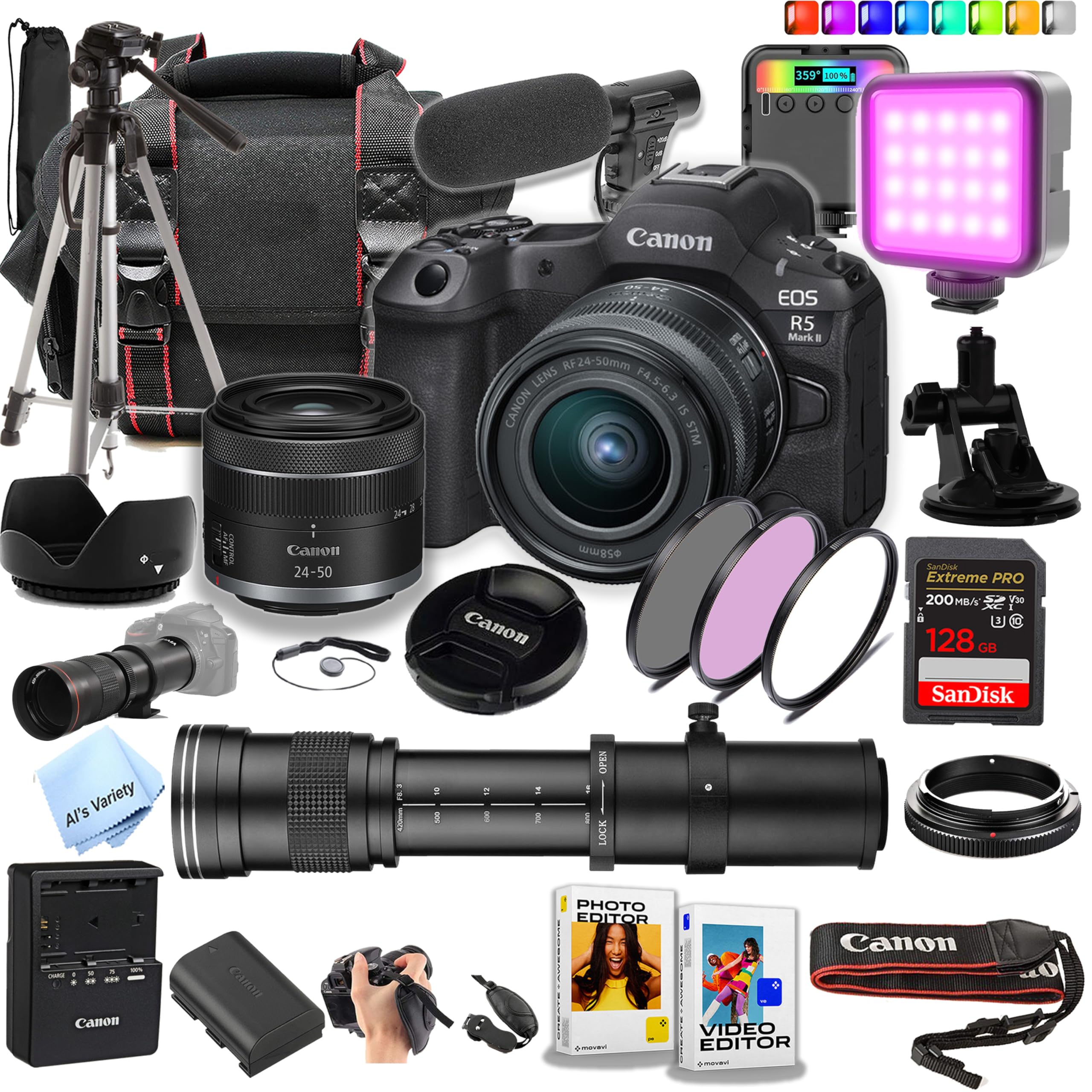Canon EOS R5 Mark II 45 MP Full-Frame Mirrorless Camera with 24-50mm Lens + 420-800mm Lens + 128GB Extreme Card + Case+ Microphone + RGB Video Light + Tripod + More (Content Creator Bundle) (Renewed)