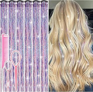 Hair Tinsel Clip in Dreamy Colorful Fairy Hair Tinsel Kit, 12 Pcs 24 Inch Glitter Clip in Hair Extensions for Girls Women Kids Christmas New Year Festival Party (Dreamy Colorful)