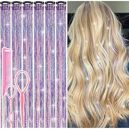 Hair Tinsel Clip in Dreamy Colorful Fairy Hair Tinsel Kit, 12 Pcs 24 Inch Glitter Clip in Hair Extensions for Girls Women Kids Christmas New Year Festival Party (Dreamy Colorful)