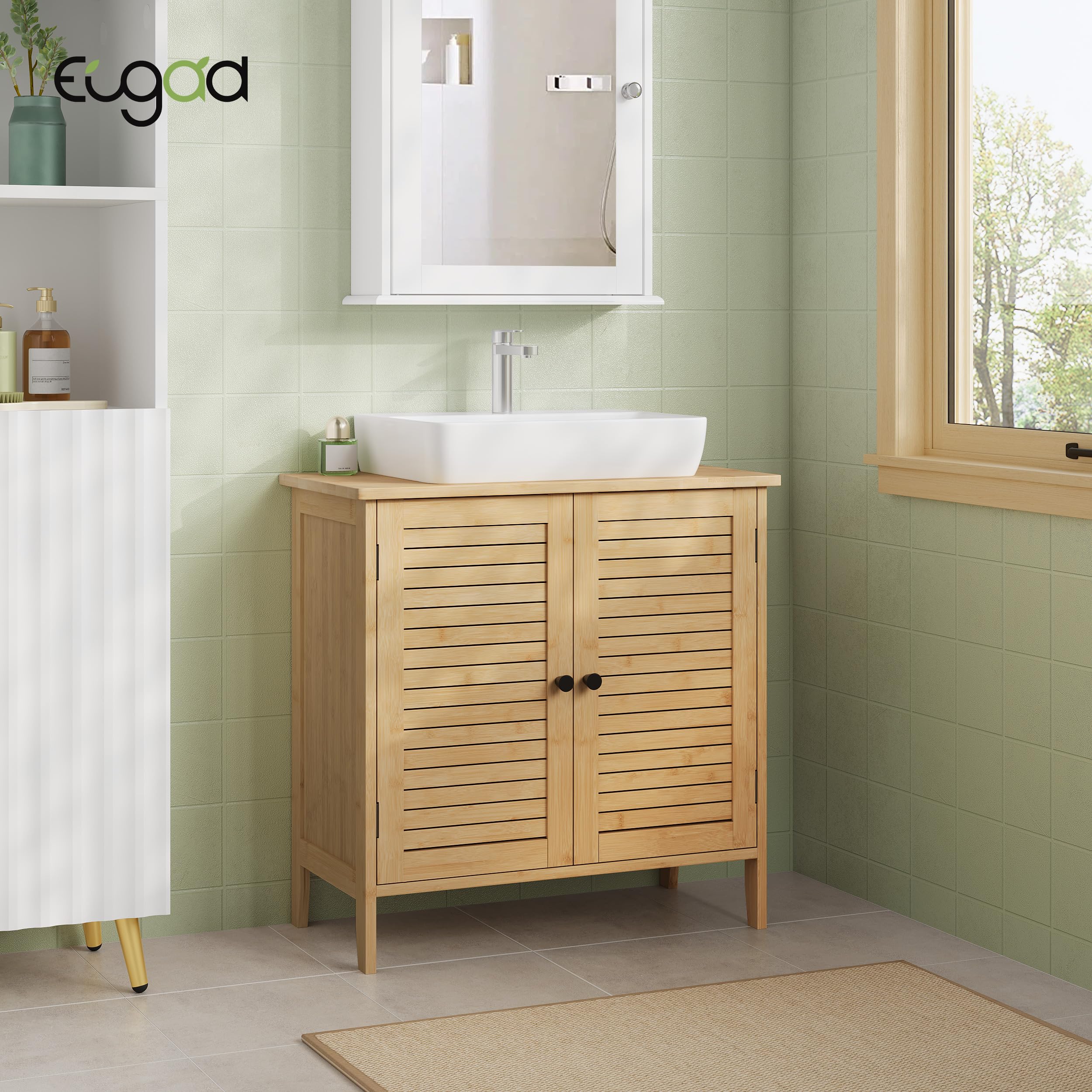 EUGAD Waschbeckenunterschrank Bambus, Badezimmer Unterschrank, 60 x 60 x 30 cm, Waschtischunterschrank mit 2 Lamellentüren 1 Verstellbare Ablage, Natur