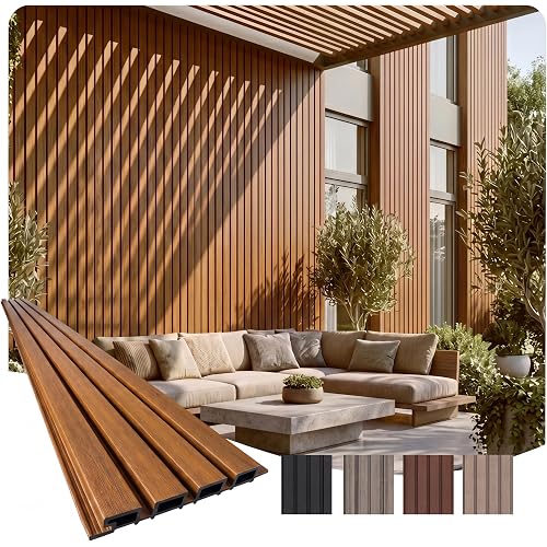 From Plain to Beautiful in Hours WPC Exterior Wall Slat Panels Waterproof Outdoor Composite Siding Cladding 94.5 in x 8.62 in 28.3 sq.ft Light Walnut and Black 5 Pack
