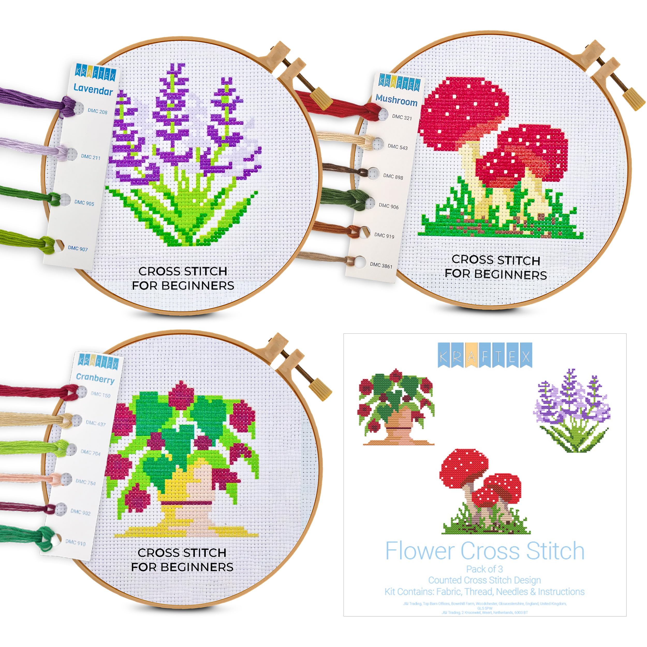 Kraftex Floral Stamped Cross Stitch Kits for Beginners - 3 Pack. DIY Embroidery Needlepoint Patterns for Adults and Kids. Easy Cross Stitch Kits for Beginners