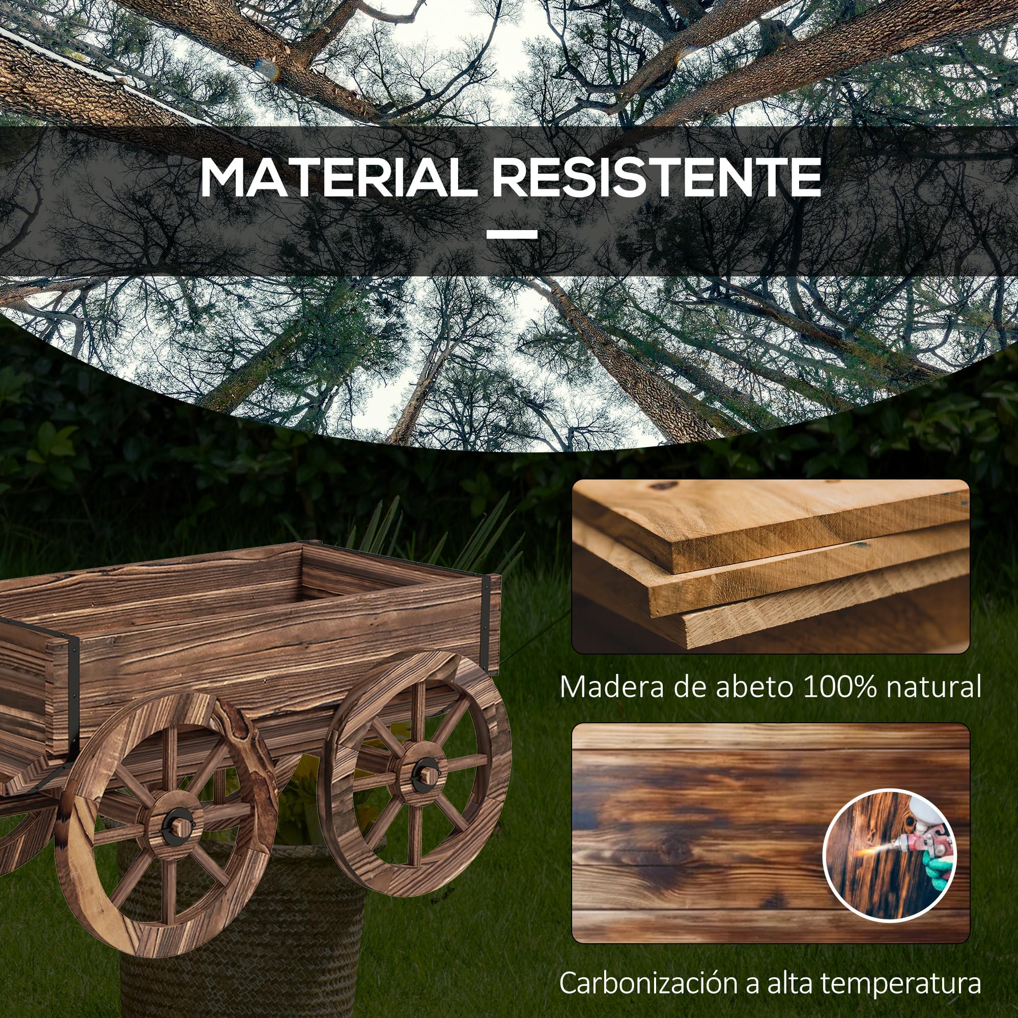 Outsunny Jardinera de Madera Exterior Carrito 120x41x54 cm Carbonizado | Macetero en Forma de Carrito, 4 Ruedas, Mango, para Balcón Jardín Patio