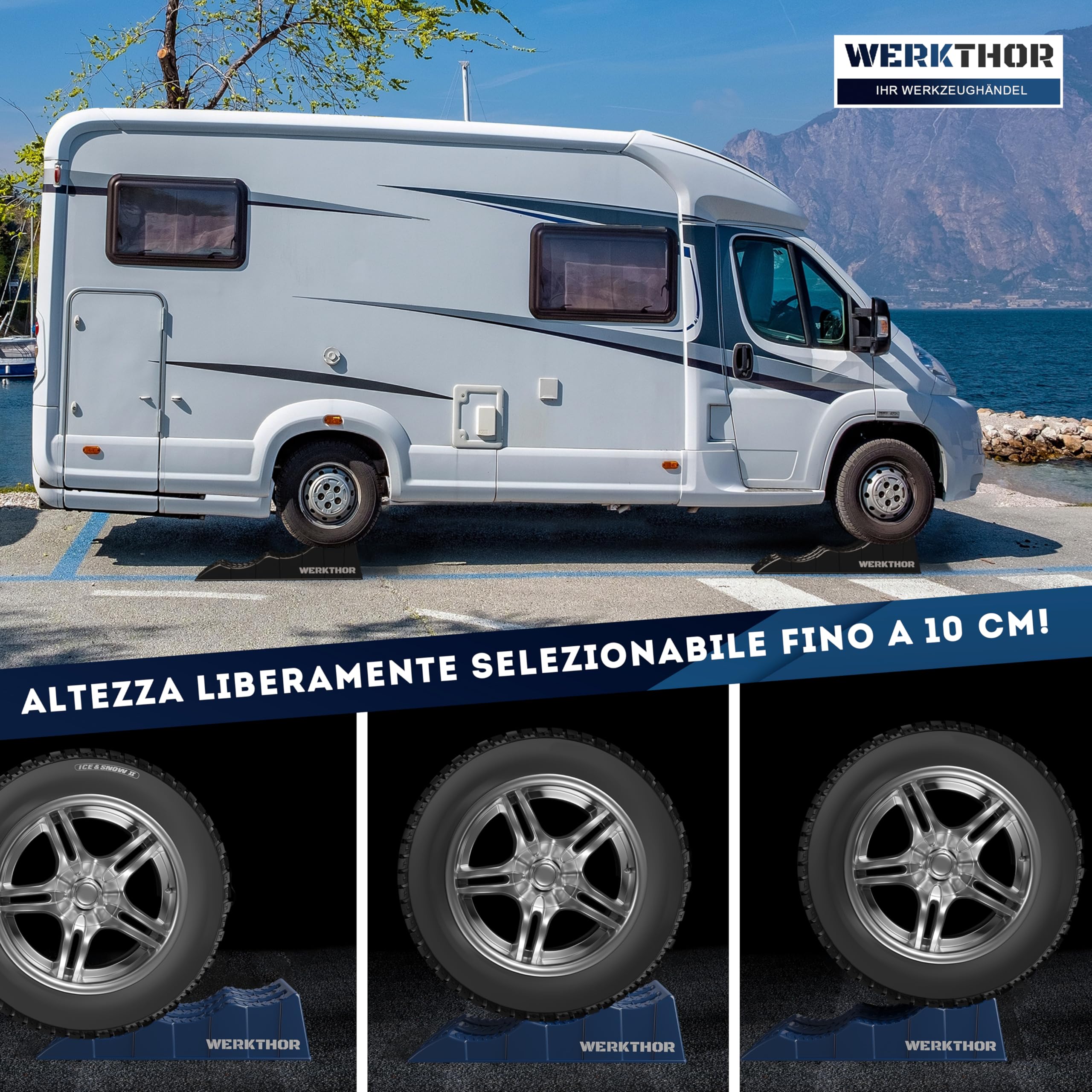 WERKTHOR Cunei per Camper (Blu) - [Set di 2] Cunei Stabili per Caravan e Camper | Cunei per Camper per un Livellamento Sicuro [<3t] - Design Robusto per Qualsiasi Superficie